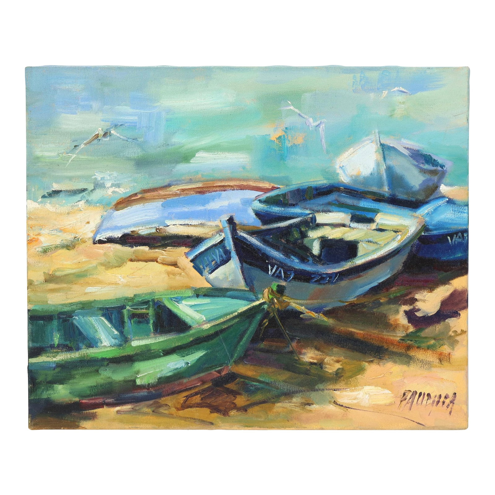 Liliane Paumier French Brittany Harbor Boats Oil Painting: Original work by French artist Liliane Paumier (born 1947), a recognized Normandy painter whose landscapes, coastal scenes, village views, and floral still lifes have been exhibited throughout