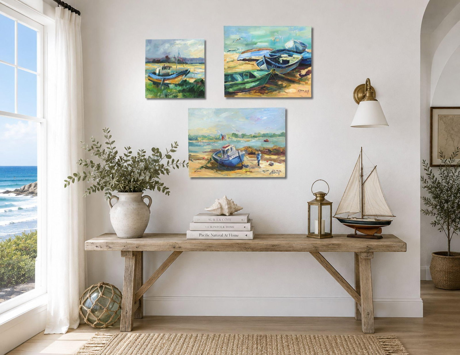 Liliane Paumier French Brittany Harbor Boats Oil Painting - 2
