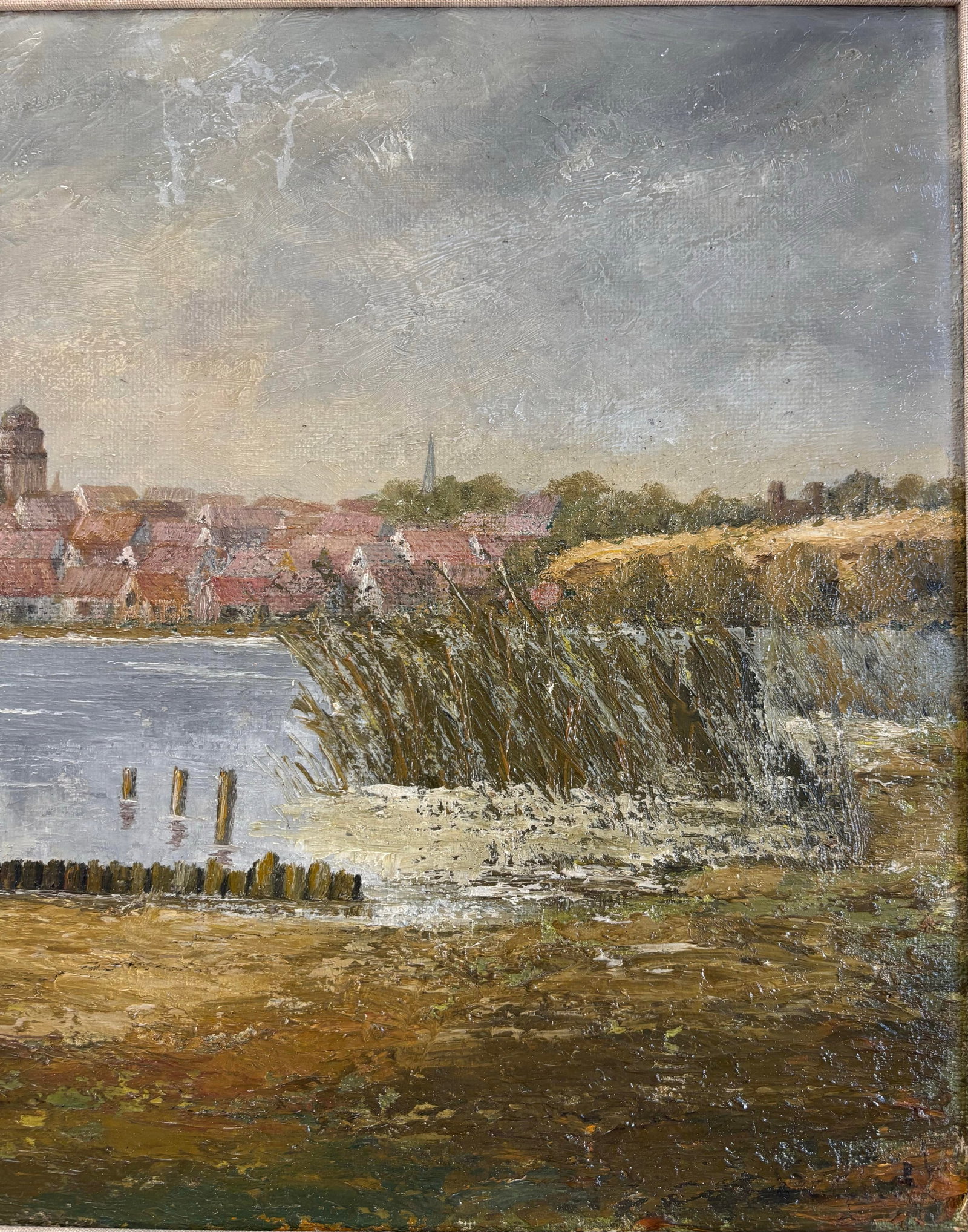 Vintage European Coastal Landscape Oil Painting | Framed Harbor Village Seascape - 10