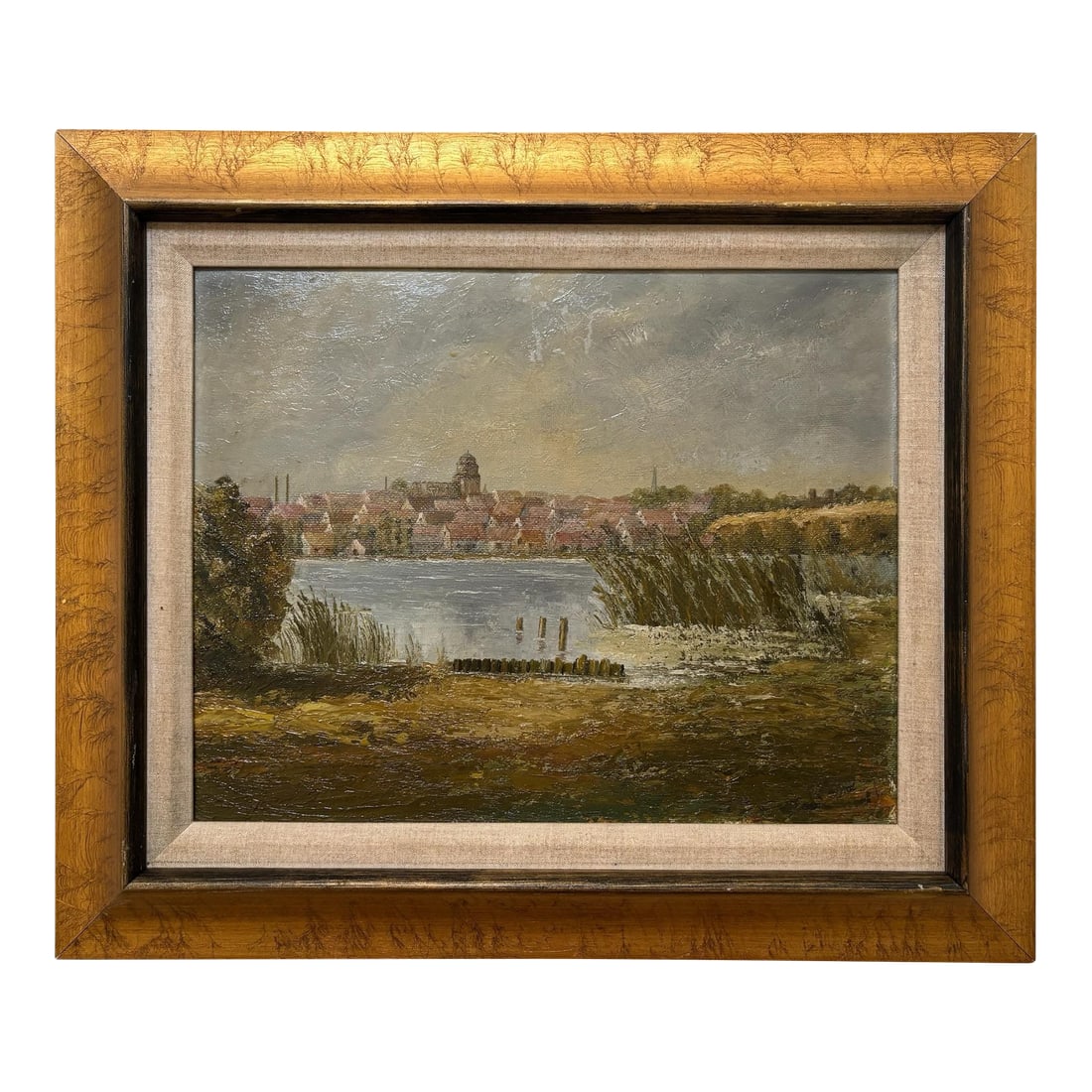 Vintage European Coastal Landscape Oil Painting | Framed Harbor Village Seascape: Capture the quiet beauty of the European countryside with this charming vintage original oil painting depicting a peaceful waterfront village nestled along a calm harbor. Painted in a classic European