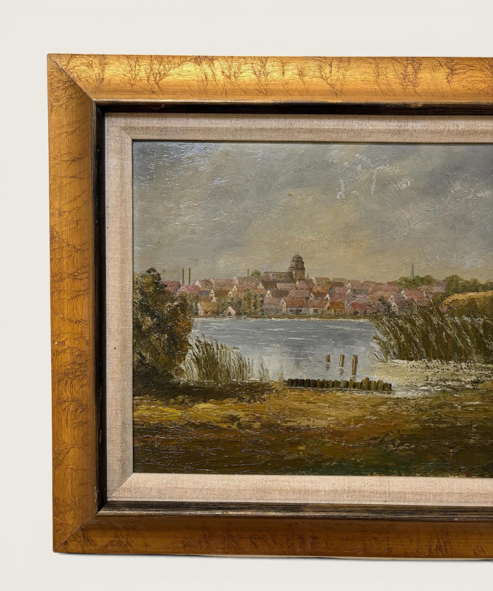 Vintage European Coastal Landscape Oil Painting | Framed Harbor Village Seascape - 2