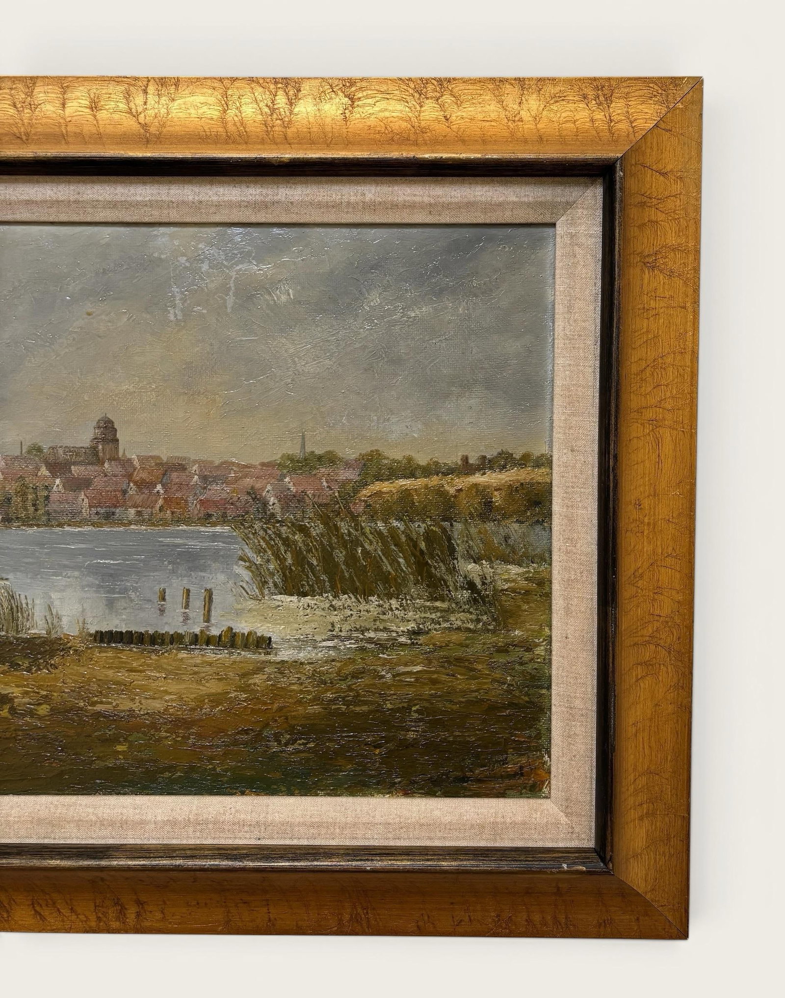 Vintage European Coastal Landscape Oil Painting | Framed Harbor Village Seascape - 3