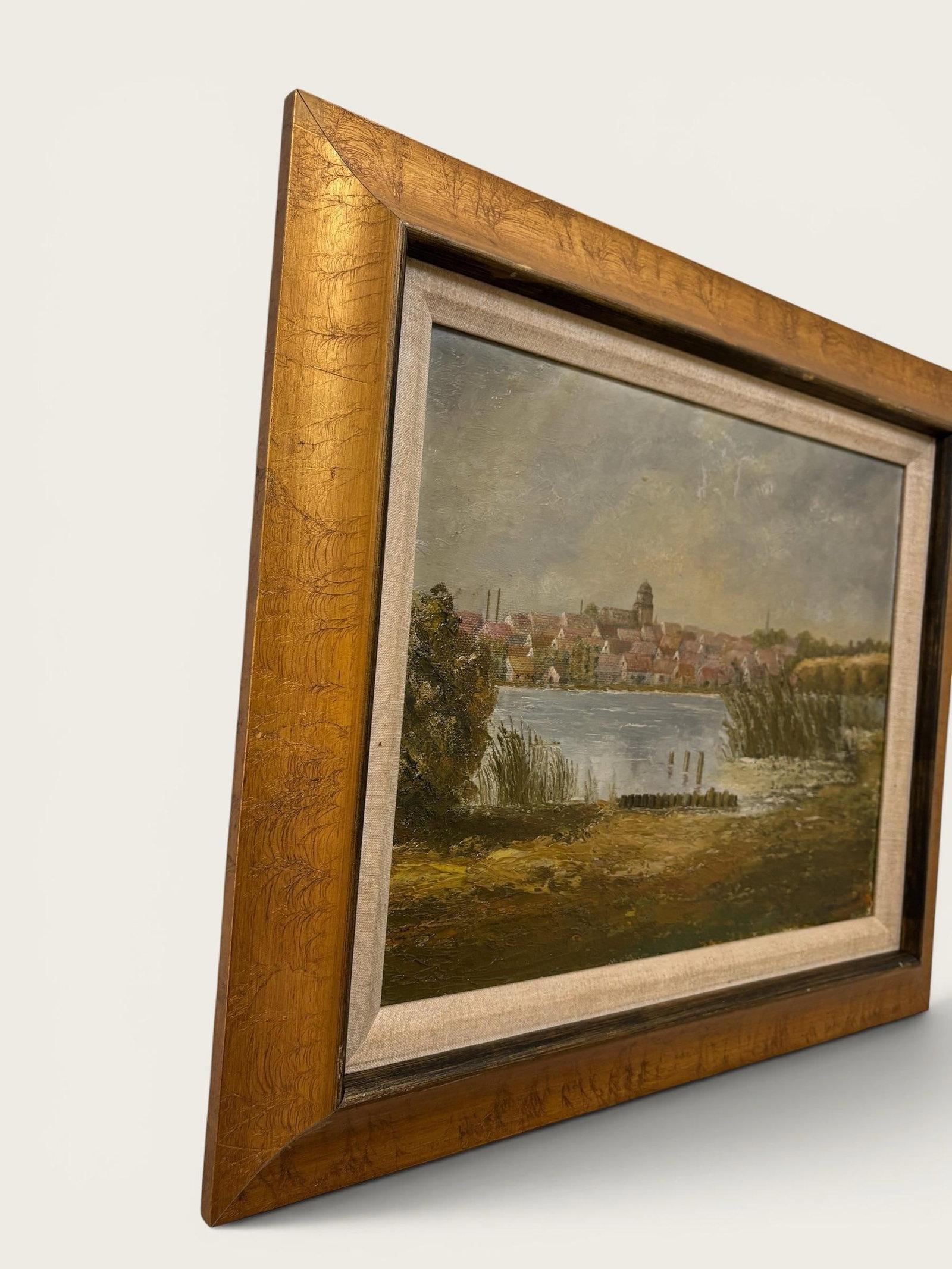 Vintage European Coastal Landscape Oil Painting | Framed Harbor Village Seascape - 4