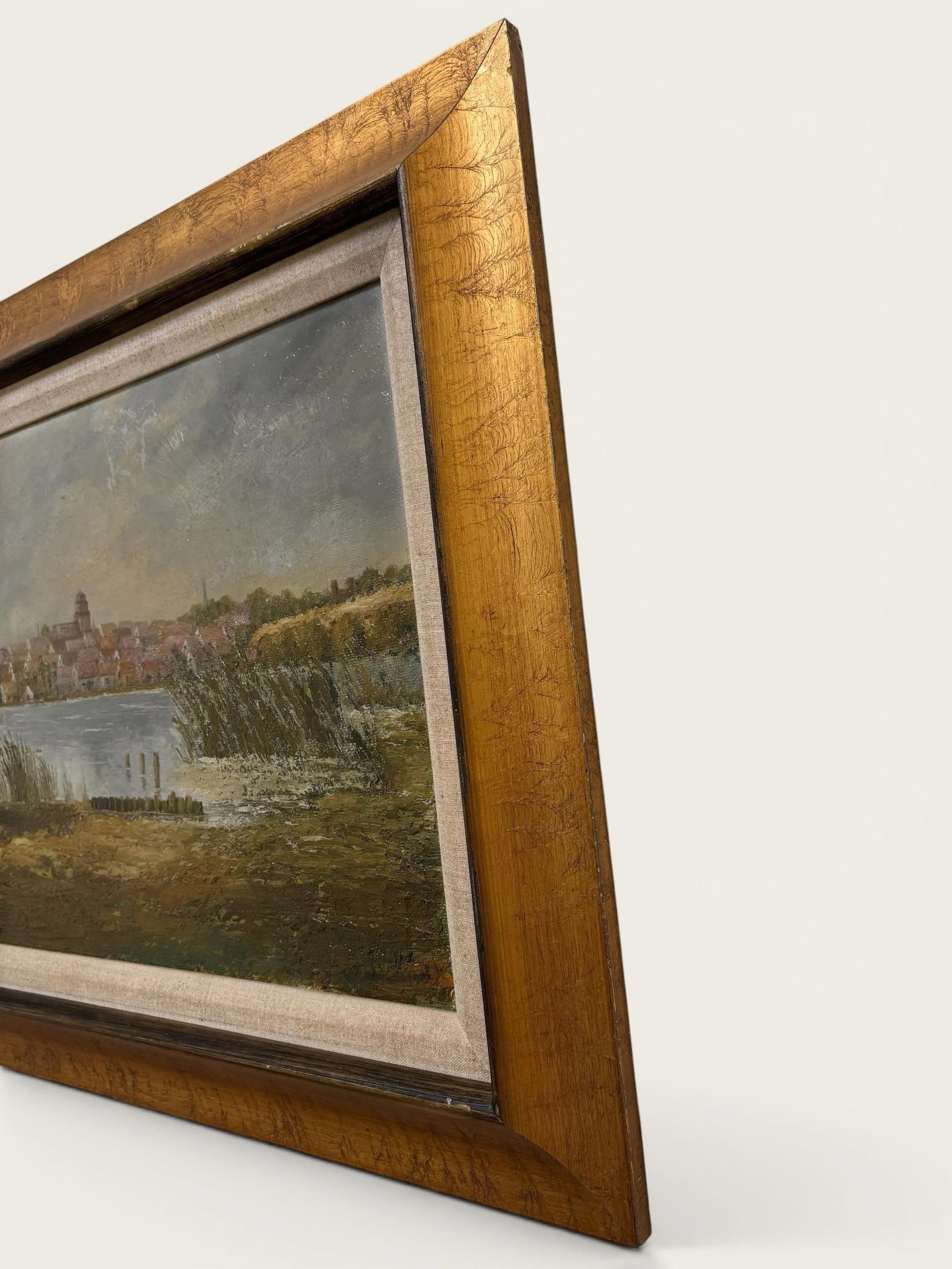 Vintage European Coastal Landscape Oil Painting | Framed Harbor Village Seascape - 5