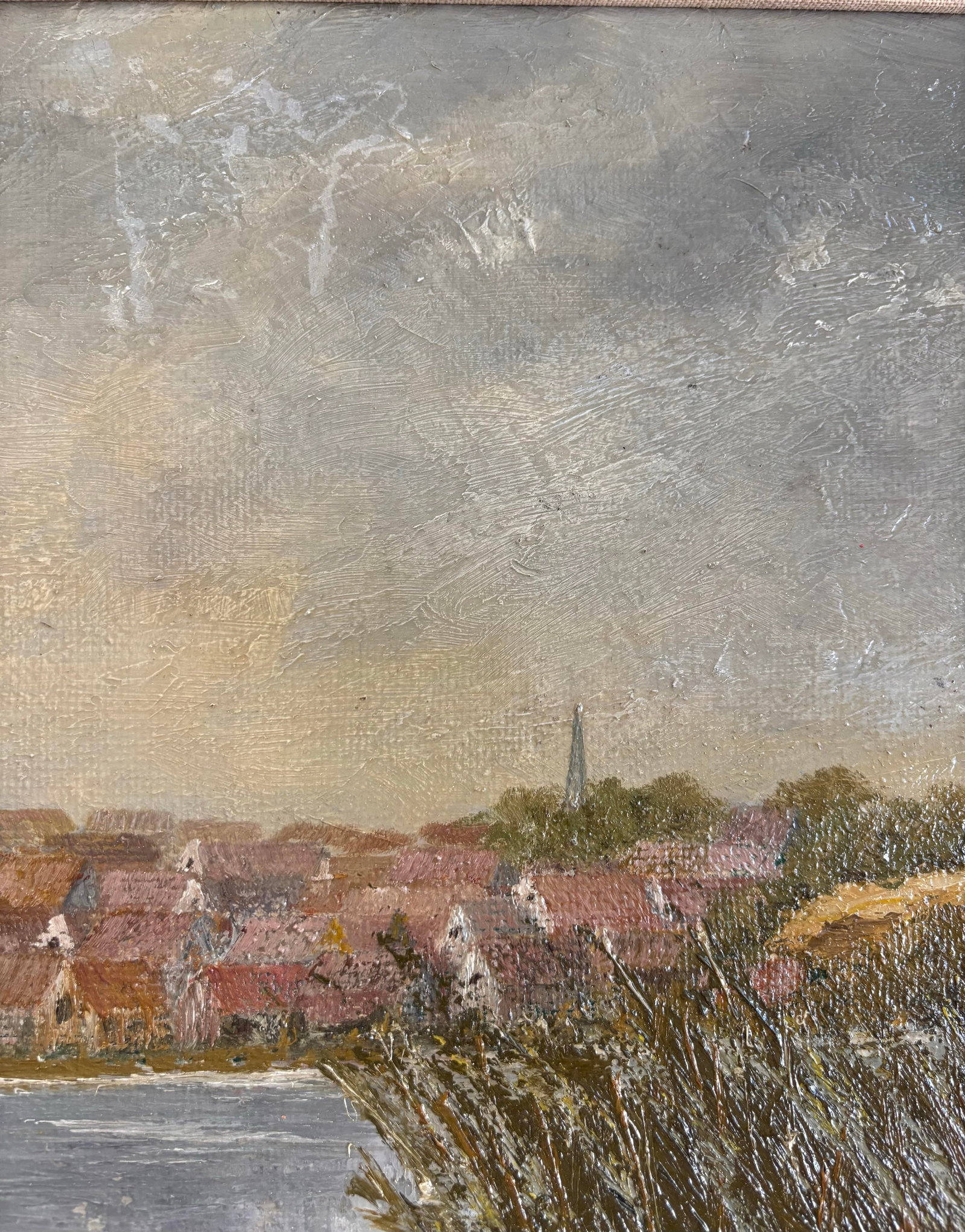 Vintage European Coastal Landscape Oil Painting | Framed Harbor Village Seascape - 7
