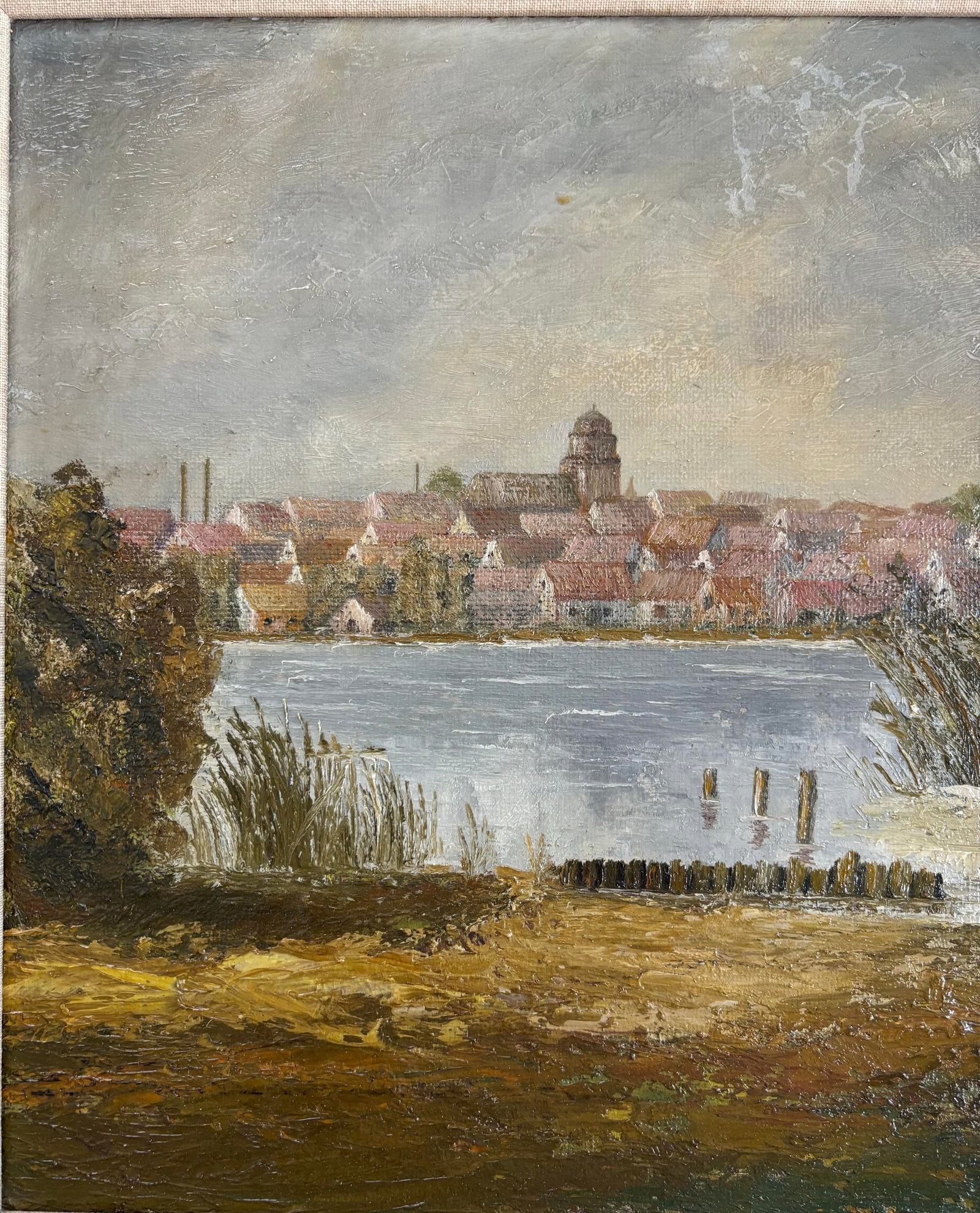 Vintage European Coastal Landscape Oil Painting | Framed Harbor Village Seascape - 8