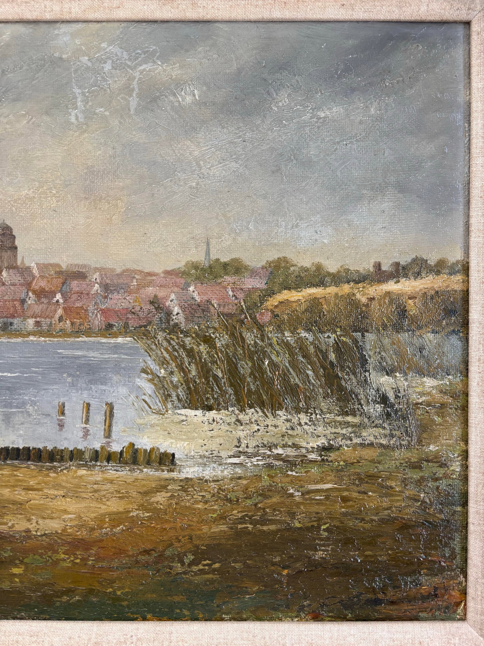 Vintage European Coastal Landscape Oil Painting | Framed Harbor Village Seascape - 9