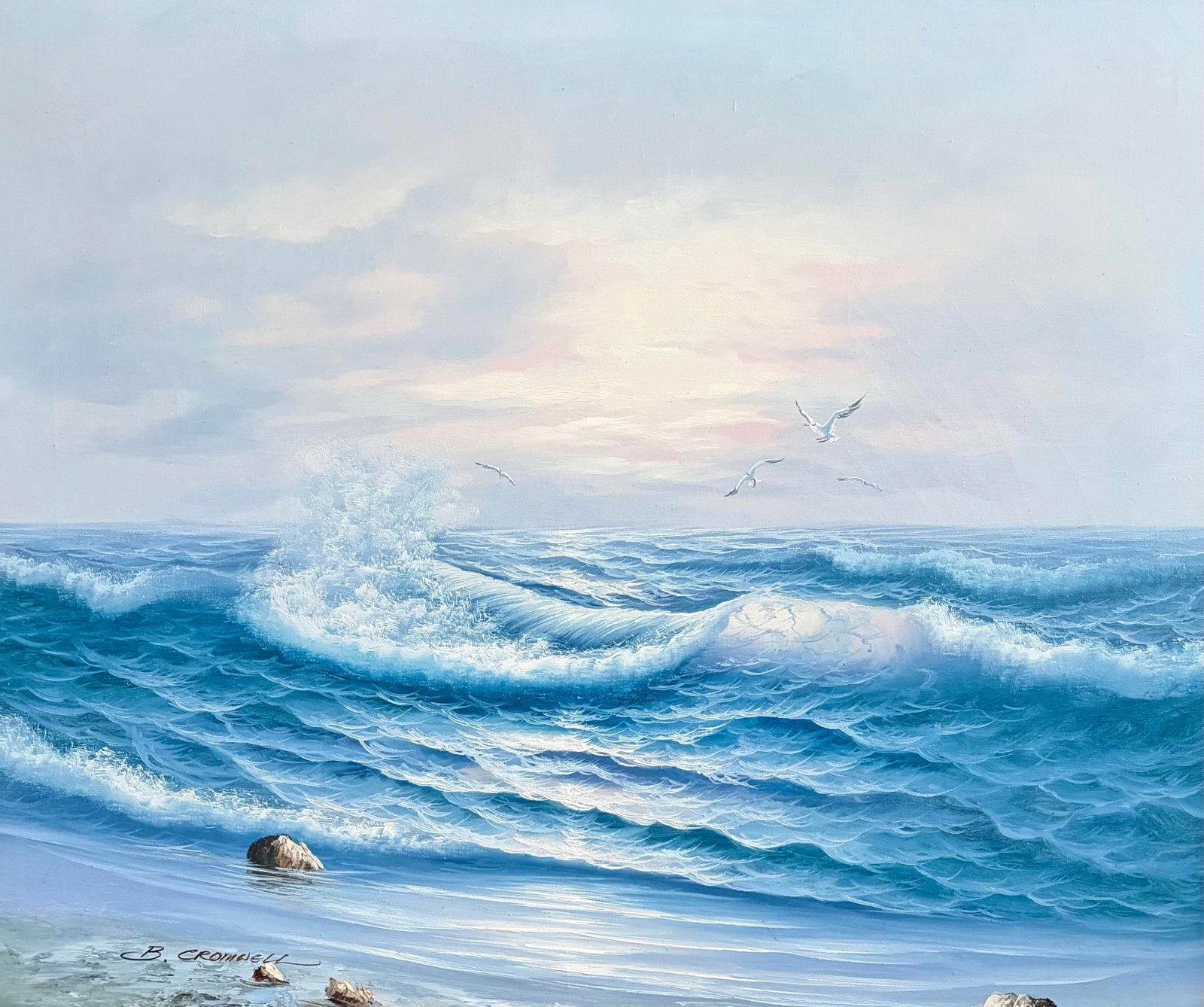 Vintage Signed Coastal Seascape Oil Painting by B. Cromwell, Circa 1970s - 2