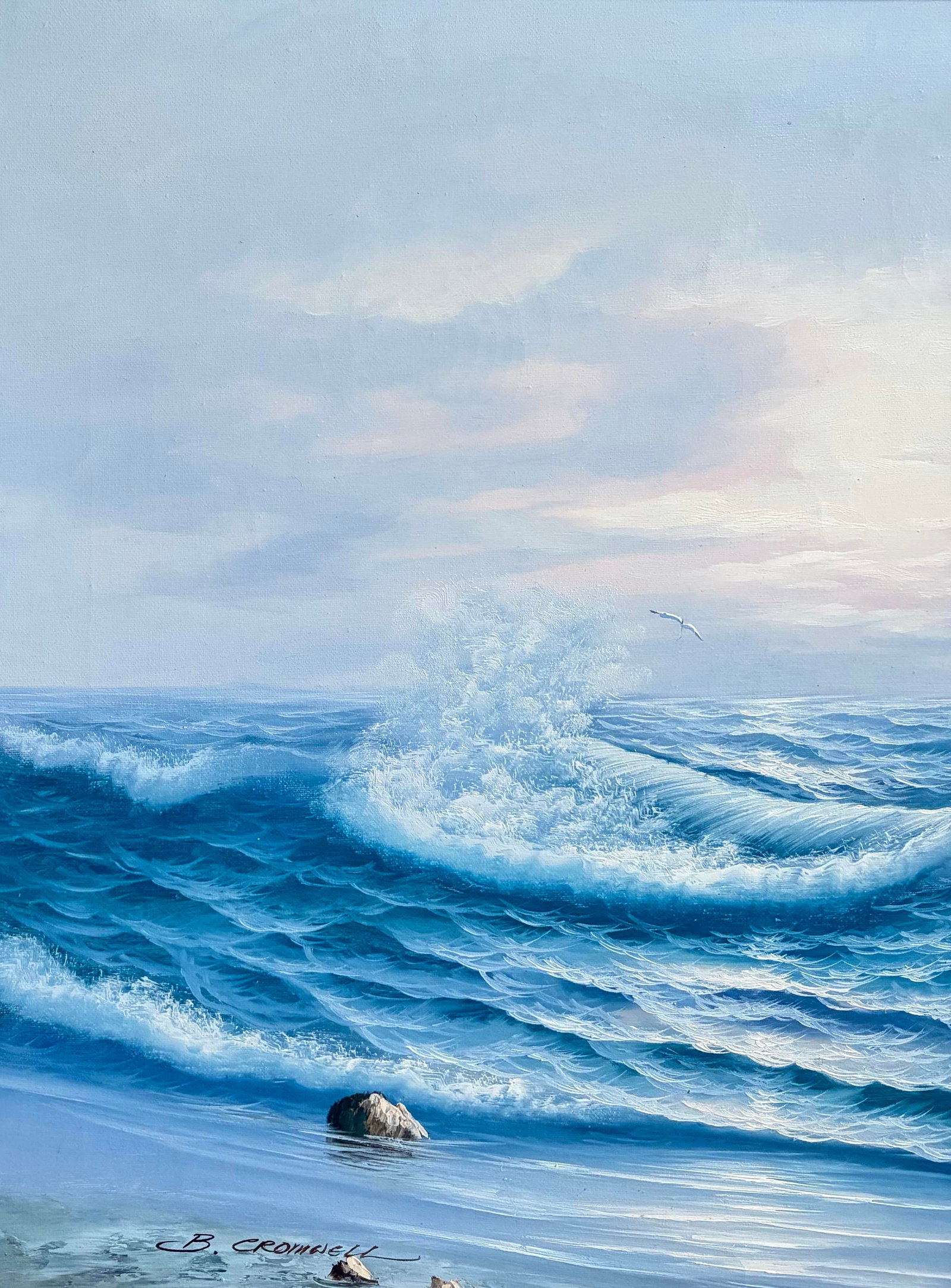 Vintage Signed Coastal Seascape Oil Painting by B. Cromwell, Circa 1970s - 7