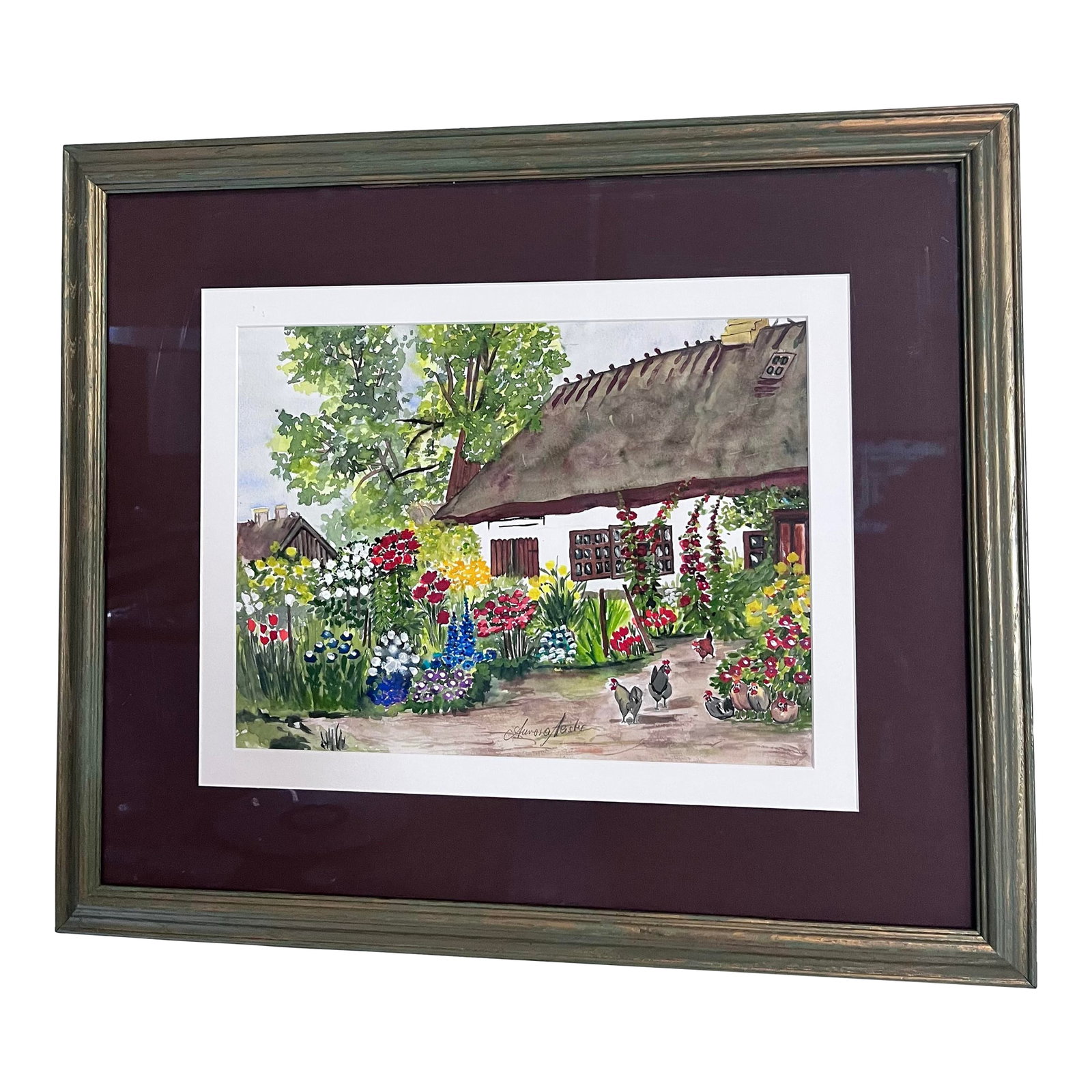 1980s Original Signed Watercolor of European Cottage Garden With Chickens: Bring the warmth of the countryside into your home with this original signed watercolor depicting a picturesque thatched-roof cottage surrounded by lush blooming gardens and free-ranging chickens. Ric