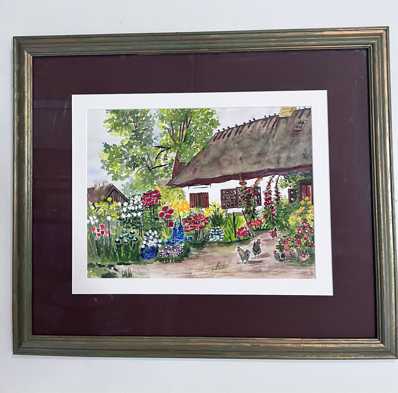 1980s Original Signed Watercolor of European Cottage Garden With Chickens - 2