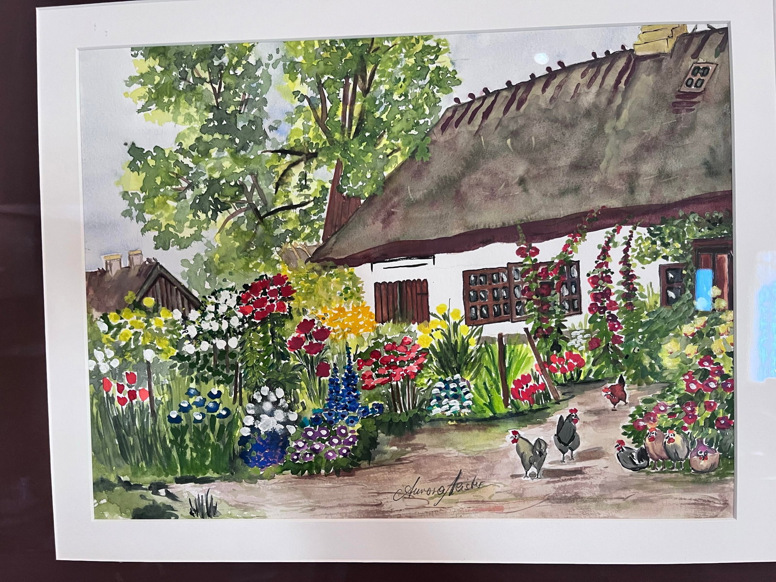 1980s Original Signed Watercolor of European Cottage Garden With Chickens - 3