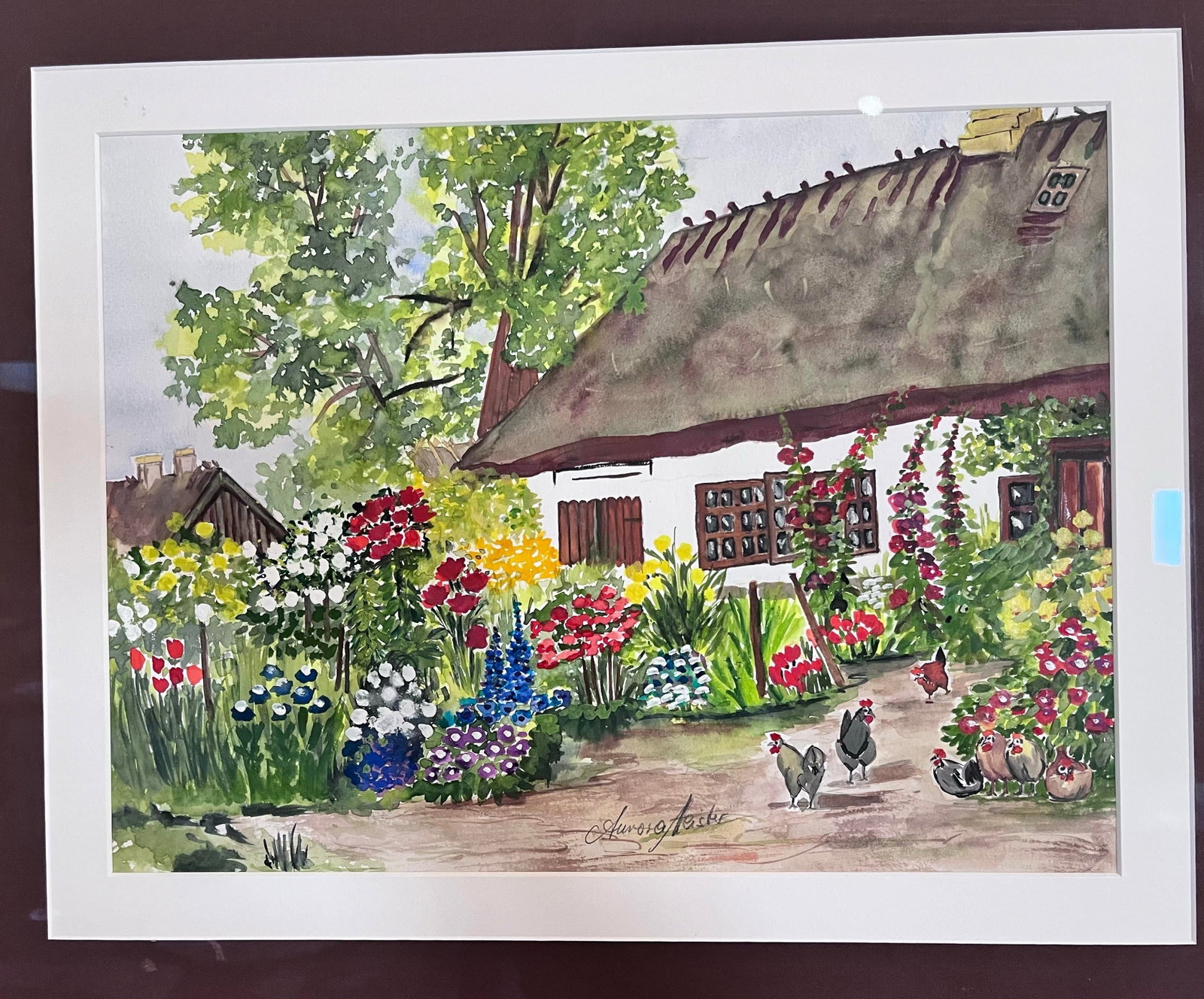1980s Original Signed Watercolor of European Cottage Garden With Chickens - 4