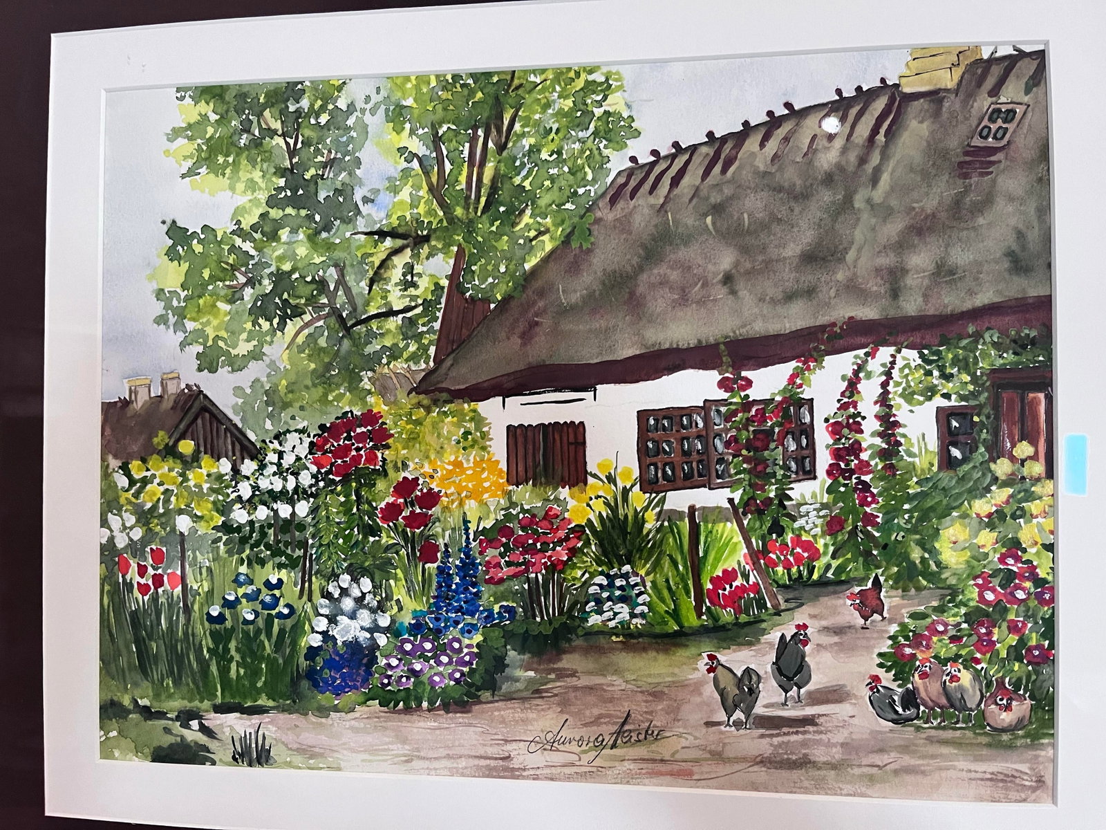 1980s Original Signed Watercolor of European Cottage Garden With Chickens - 5
