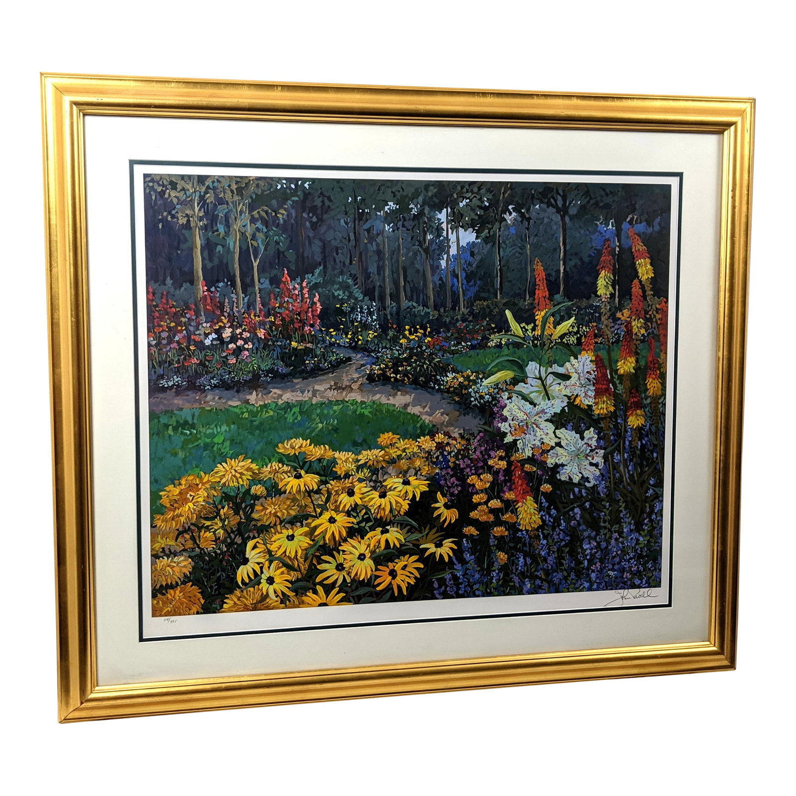 Late 20th Century John Powell Signed Limited Edition Print, Numbered 118/395, Framed Botanical Lands: A beautifully executed and richly colored limited edition botanical landscape by artist John Powell, hand-signed in pencil and numbered 118/395. This captivating composition depicts a lush garden