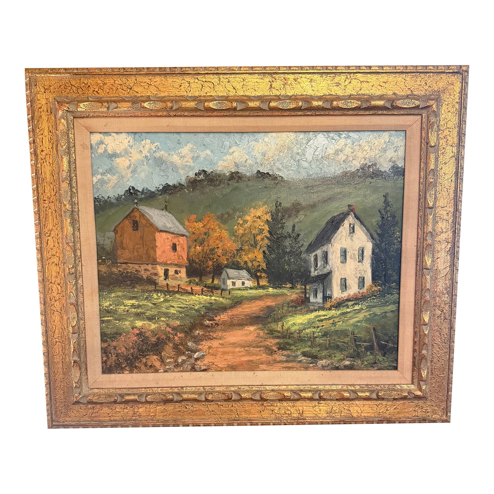 Vintage D. Snyder Dual-Signed Impasto Landscape Painting in Ornate Gallery Frame: Elevate your fine art collection with this exceptional, mid-century original oil on board landscape painting by artist D. Snyder. Measuring a beautifully proportioned 27 inches wide, this striking