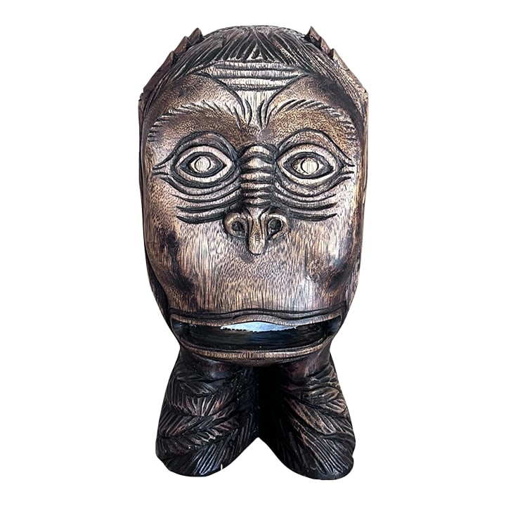 Vintage Hand-Carved Monkey Head Wooden Toilet Paper Holder - Tiki Folk Art: Add a playful touch of island-inspired charm to your bath or powder room with this vintage hand-carved wooden monkey head toilet paper holder. Expertly carved from solid hardwood, the whimsical
