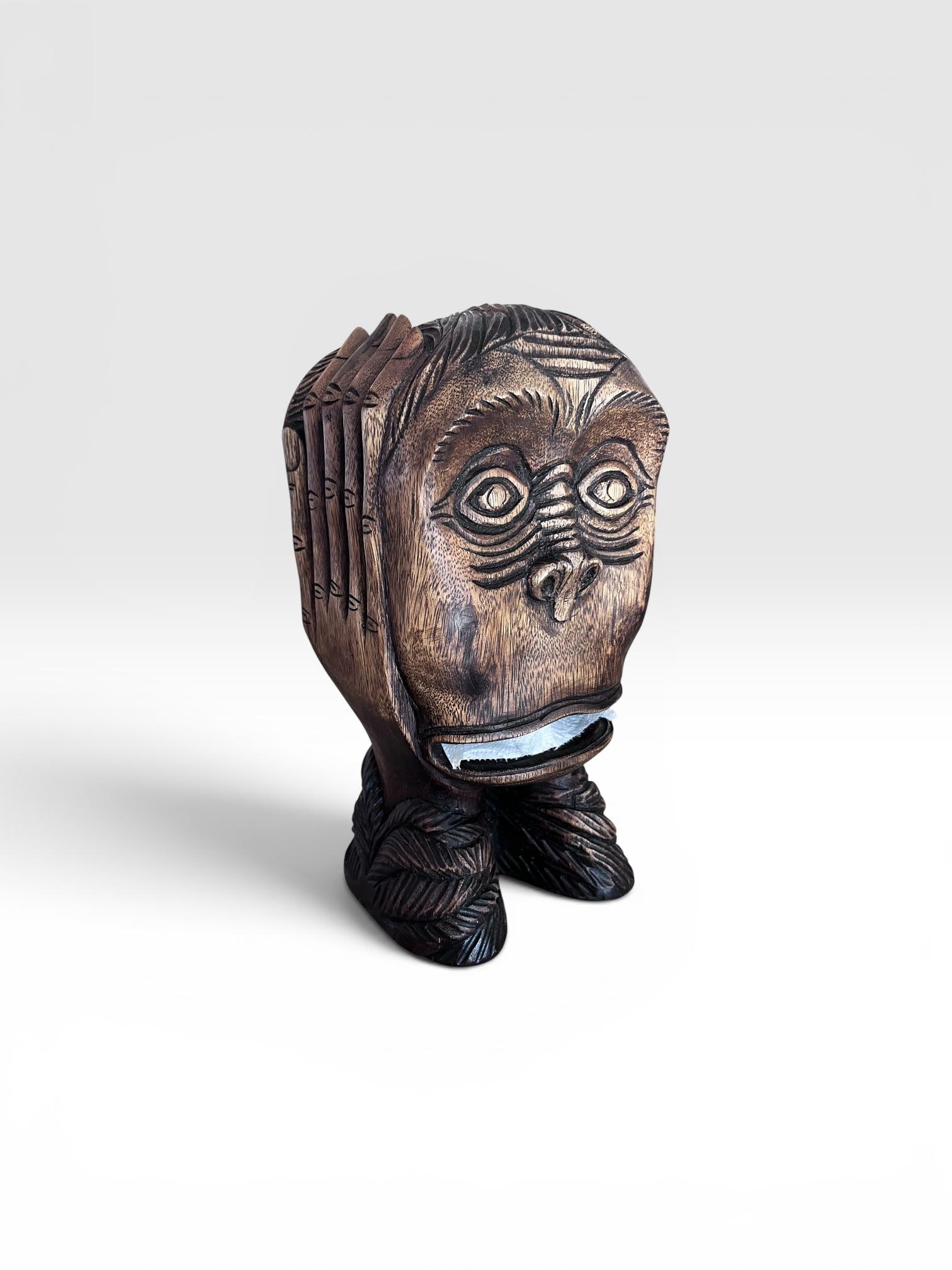 Vintage Hand-Carved Monkey Head Wooden Toilet Paper Holder - Tiki Folk Art - 2