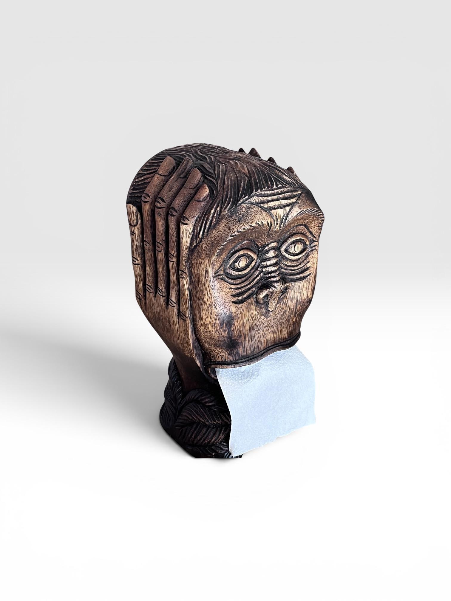Vintage Hand-Carved Monkey Head Wooden Toilet Paper Holder - Tiki Folk Art - 3