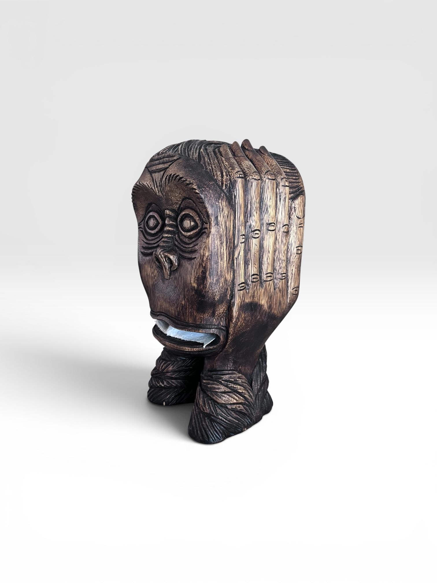 Vintage Hand-Carved Monkey Head Wooden Toilet Paper Holder - Tiki Folk Art - 5