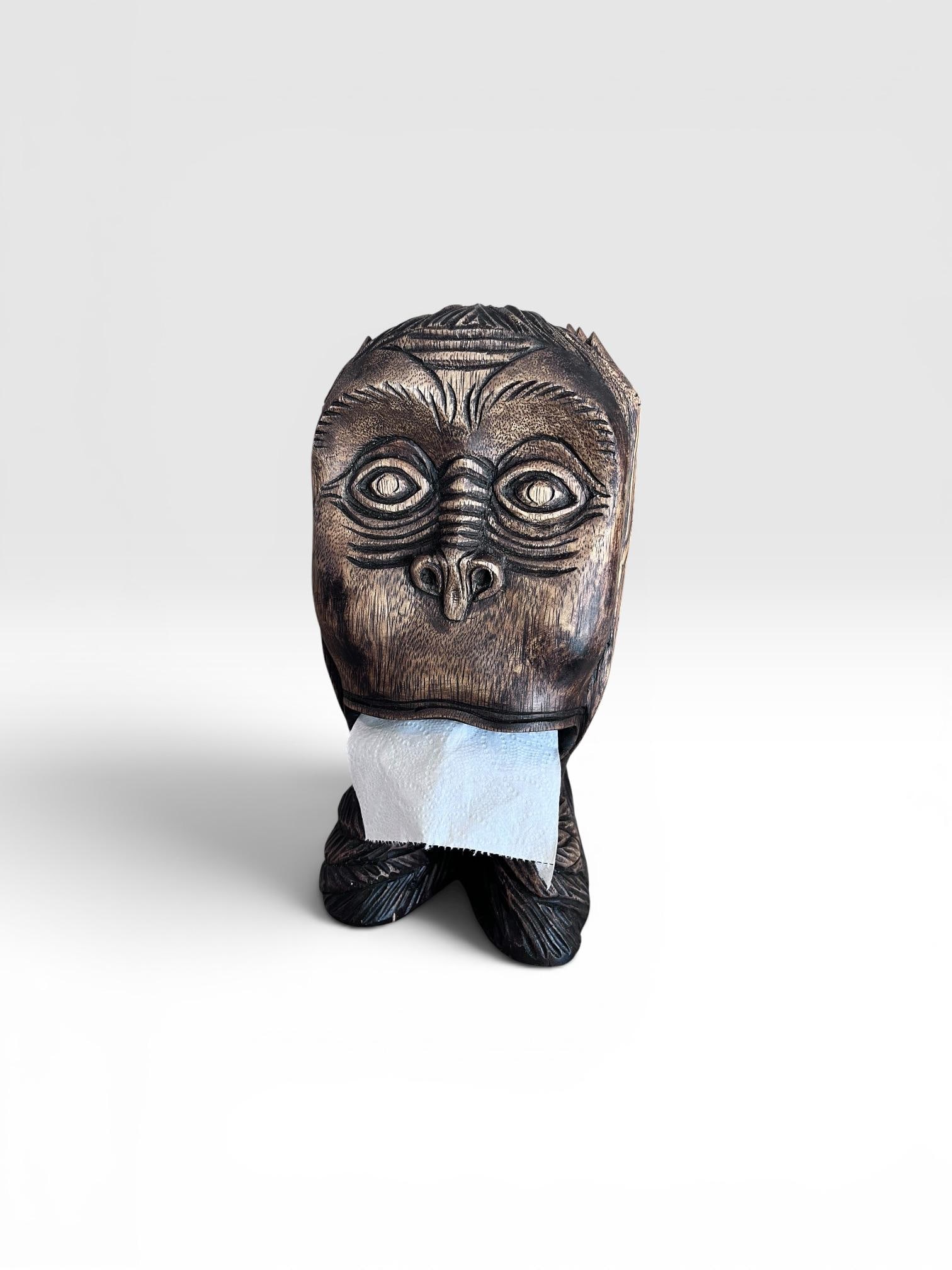 Vintage Hand-Carved Monkey Head Wooden Toilet Paper Holder - Tiki Folk Art - 6
