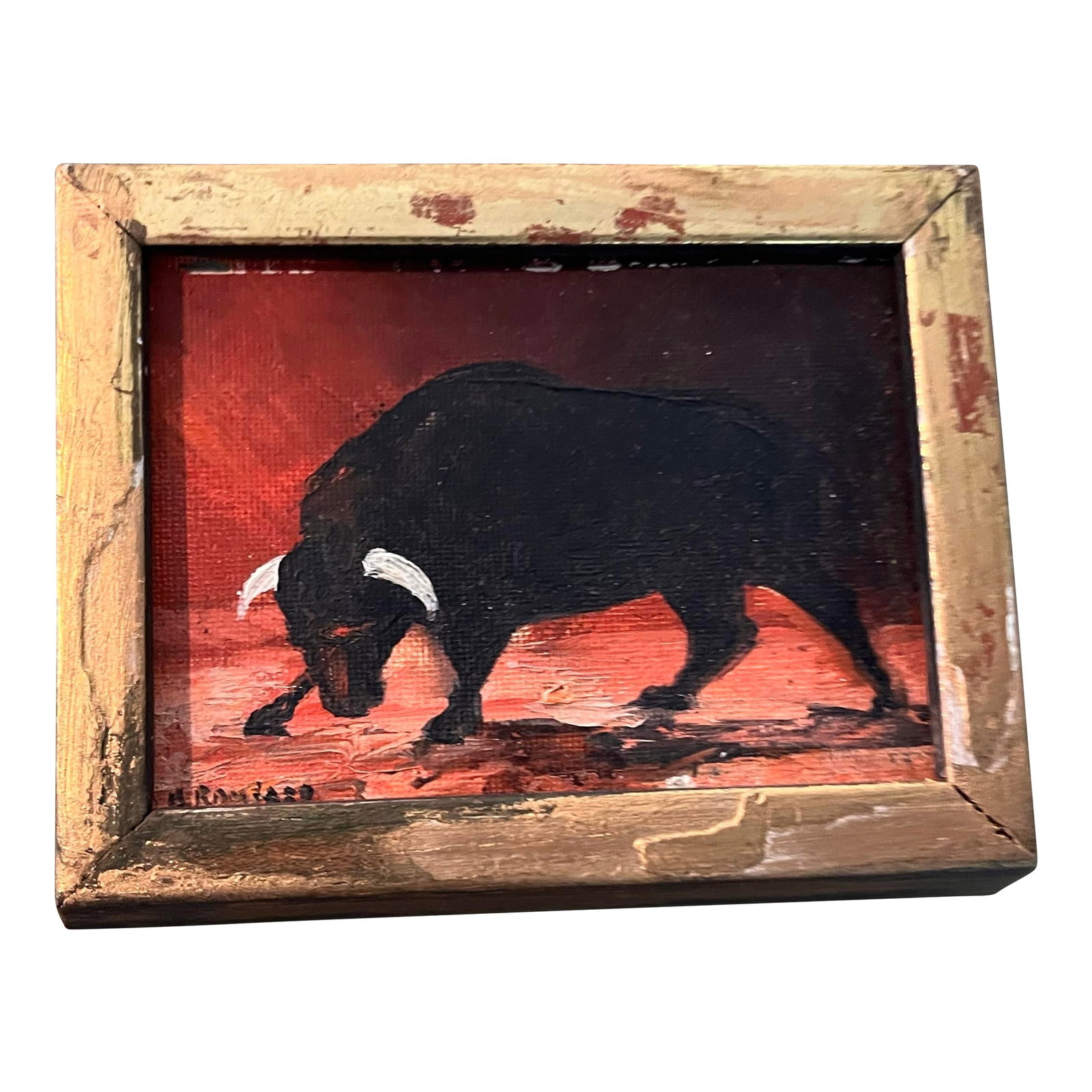 1980s Henry D. Ramirez Jr. Miniature Bull Oil Painting on Board, Framed: Charming miniature original oil painting attributed to Argentinian artist Henry D. Ramirez Jr., depicting a powerful black bull with white horns against a rich red and russet background. Executed in o