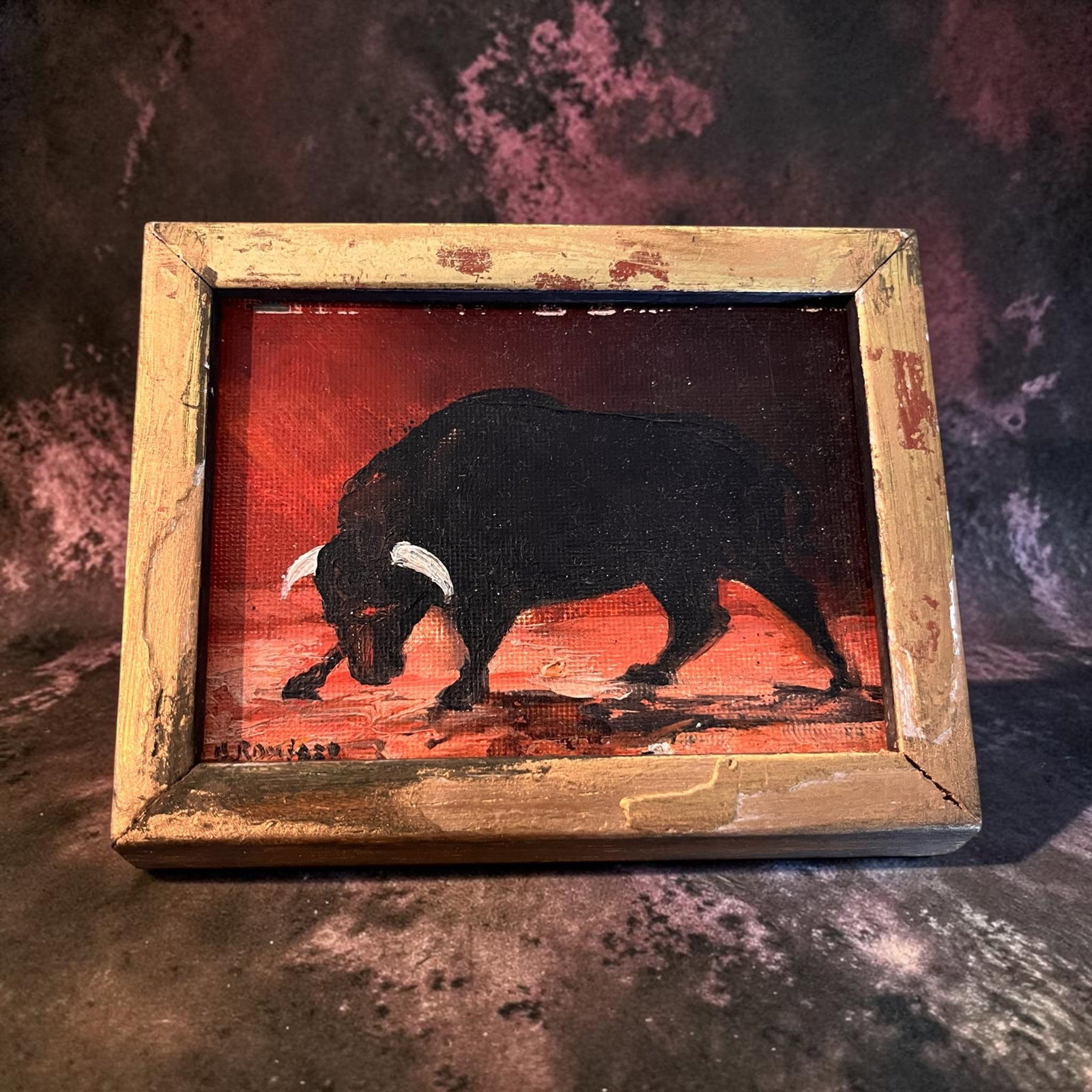 1980s Henry D. Ramirez Jr. Miniature Bull Oil Painting on Board, Framed - 2
