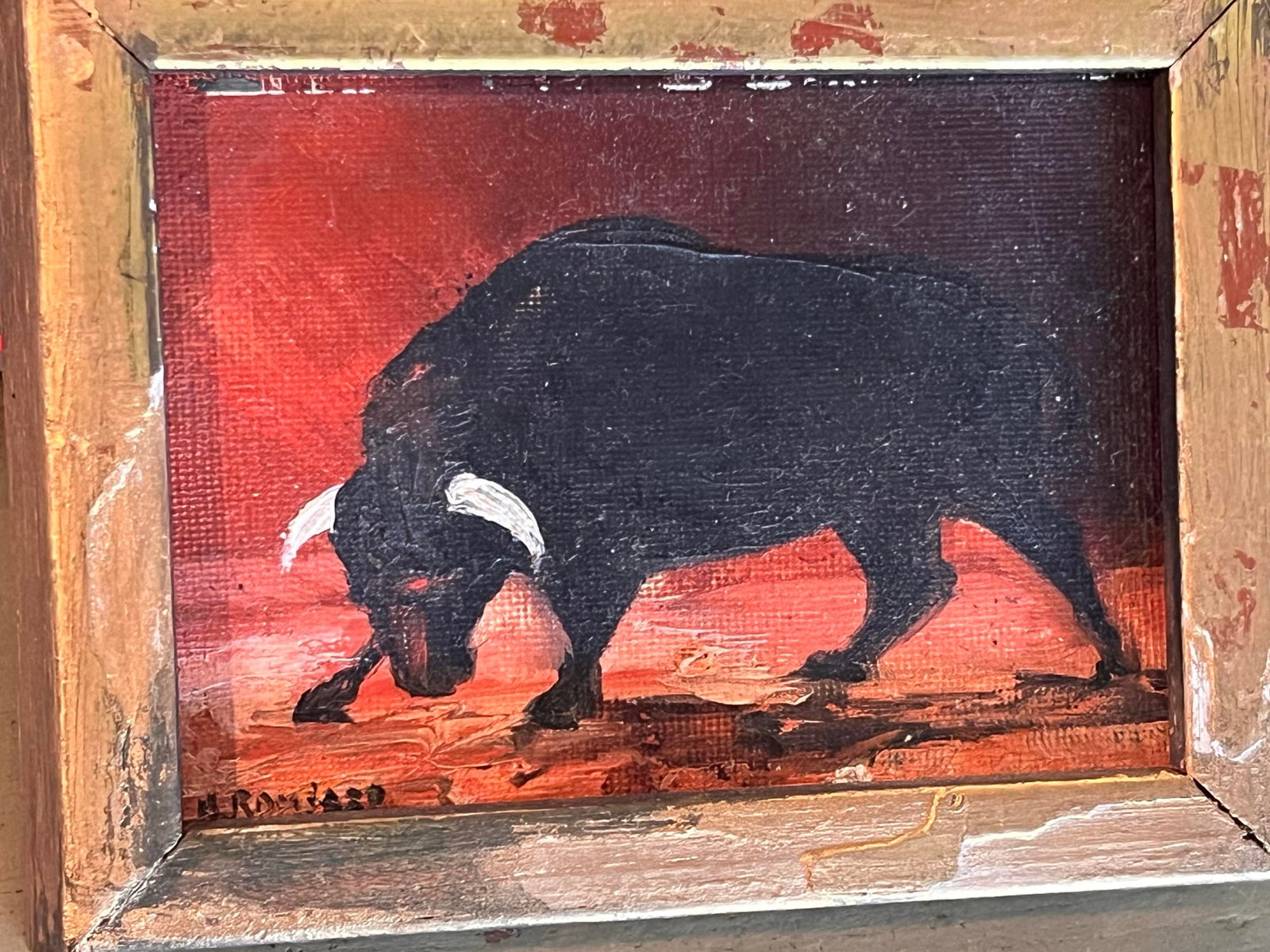 1980s Henry D. Ramirez Jr. Miniature Bull Oil Painting on Board, Framed - 3