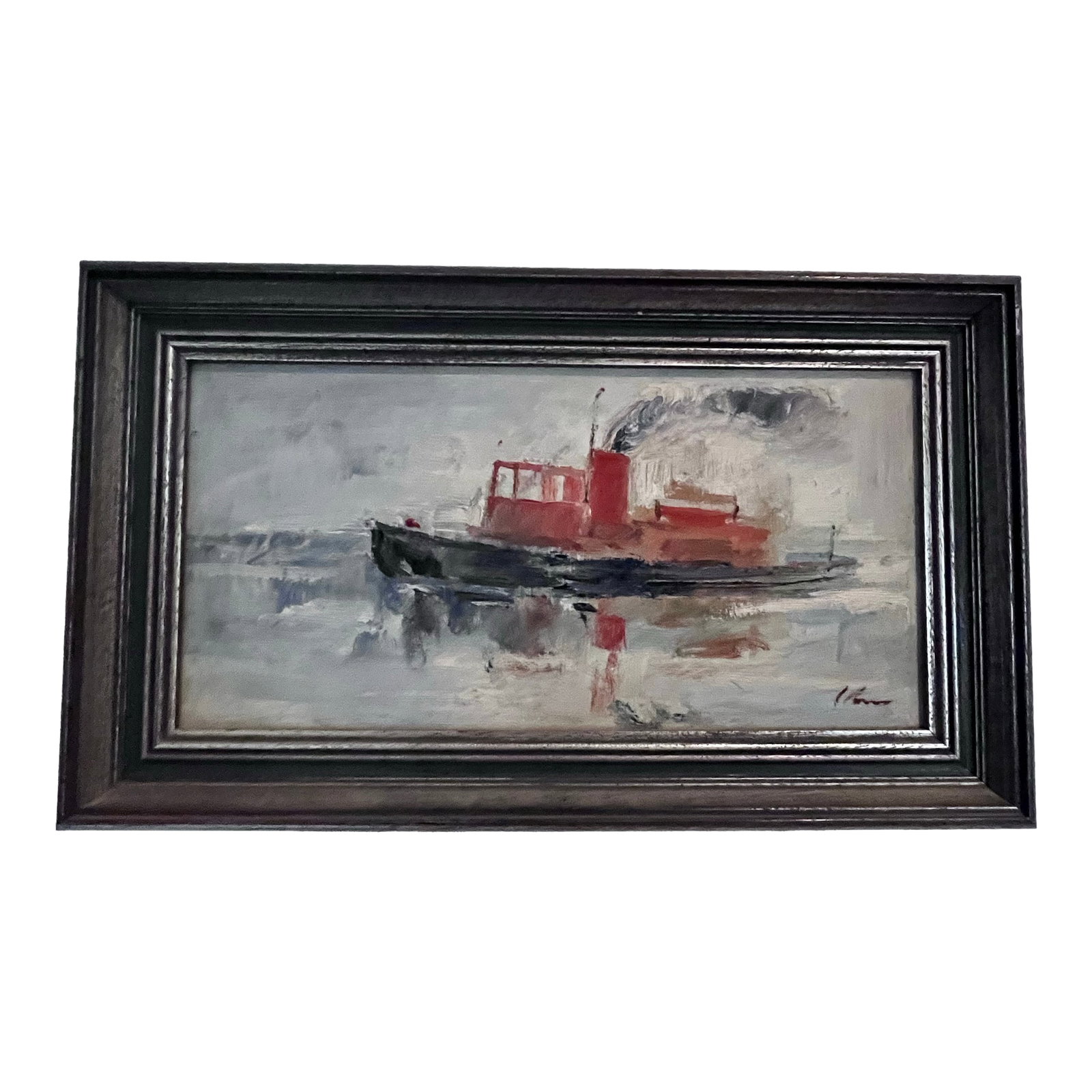 Vintage Impressionist Oil on Board Harbor Tugboat Painting: A charming vintage impressionist oil on board depicting a solitary harbor tugboat gliding across calm waters. Executed with expressive brushwork and a soft, atmospheric palette, the painting beautiful