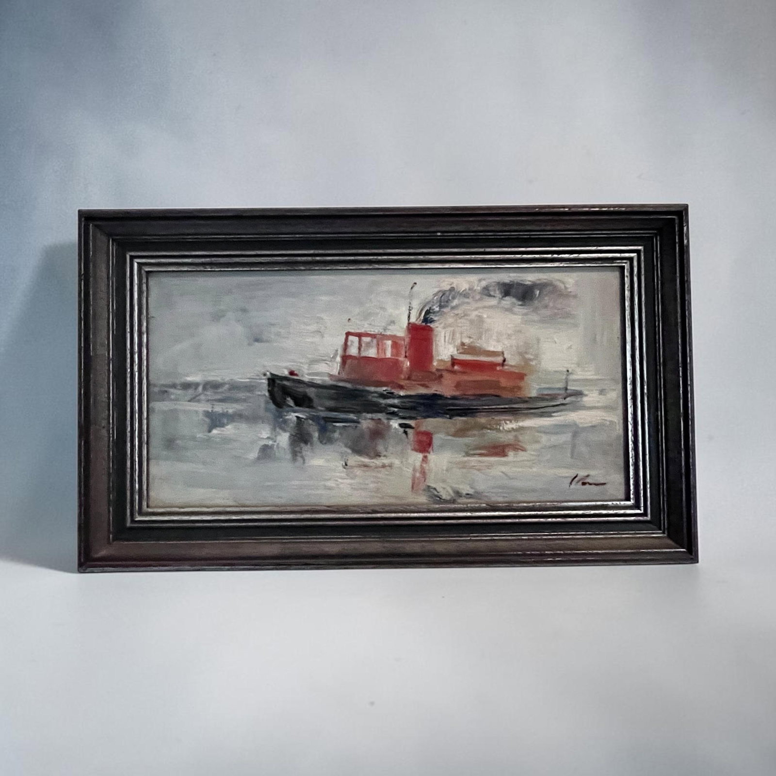 Vintage Impressionist Oil on Board Harbor Tugboat Painting - 2