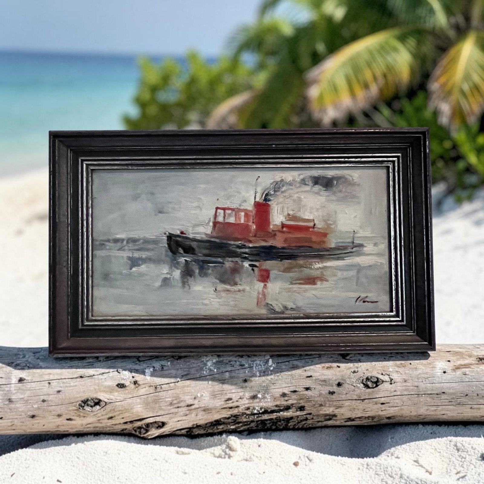 Vintage Impressionist Oil on Board Harbor Tugboat Painting - 3