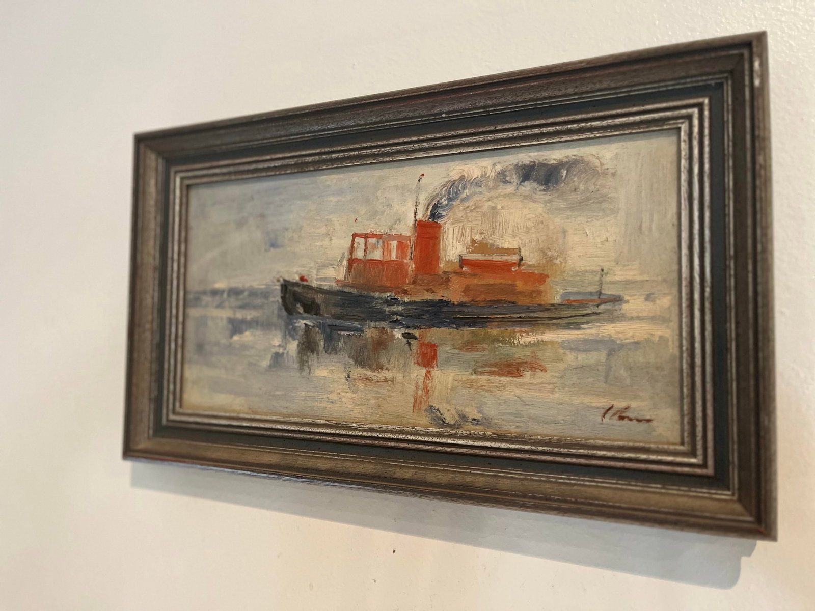 Vintage Impressionist Oil on Board Harbor Tugboat Painting - 5