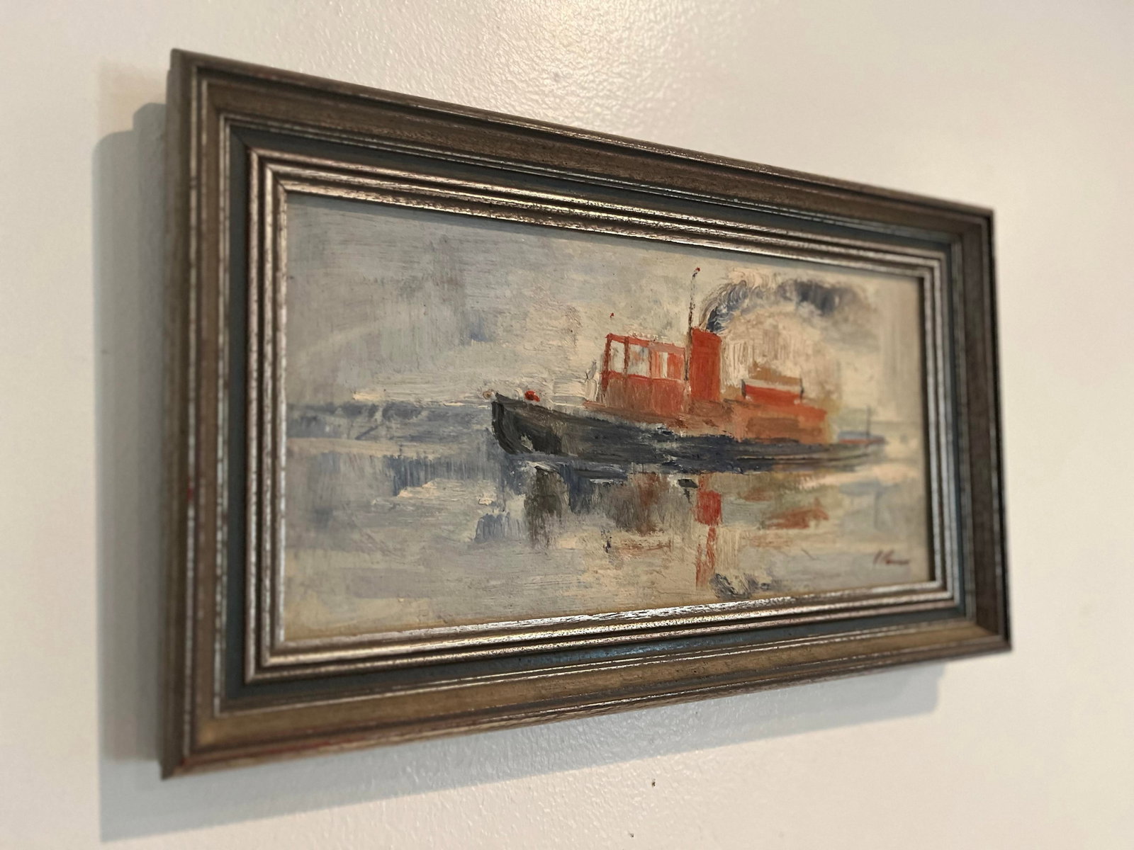 Vintage Impressionist Oil on Board Harbor Tugboat Painting - 6