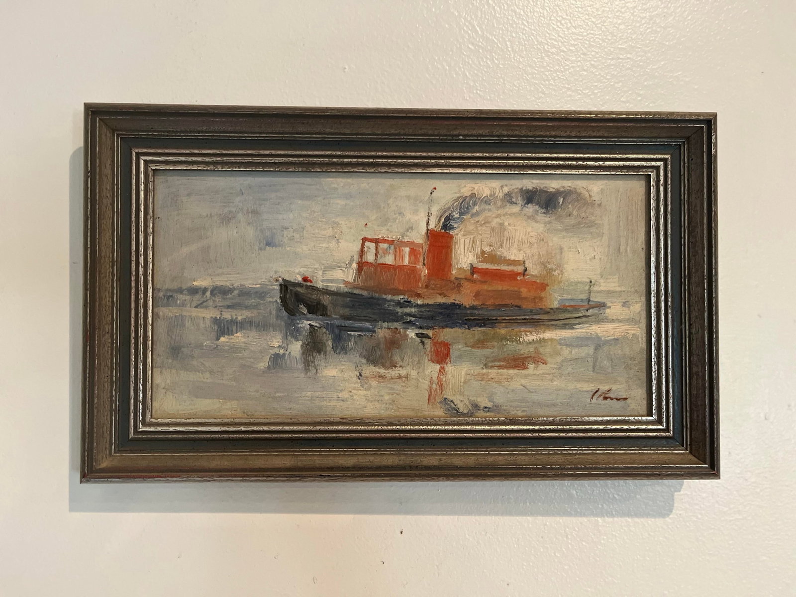 Vintage Impressionist Oil on Board Harbor Tugboat Painting - 7