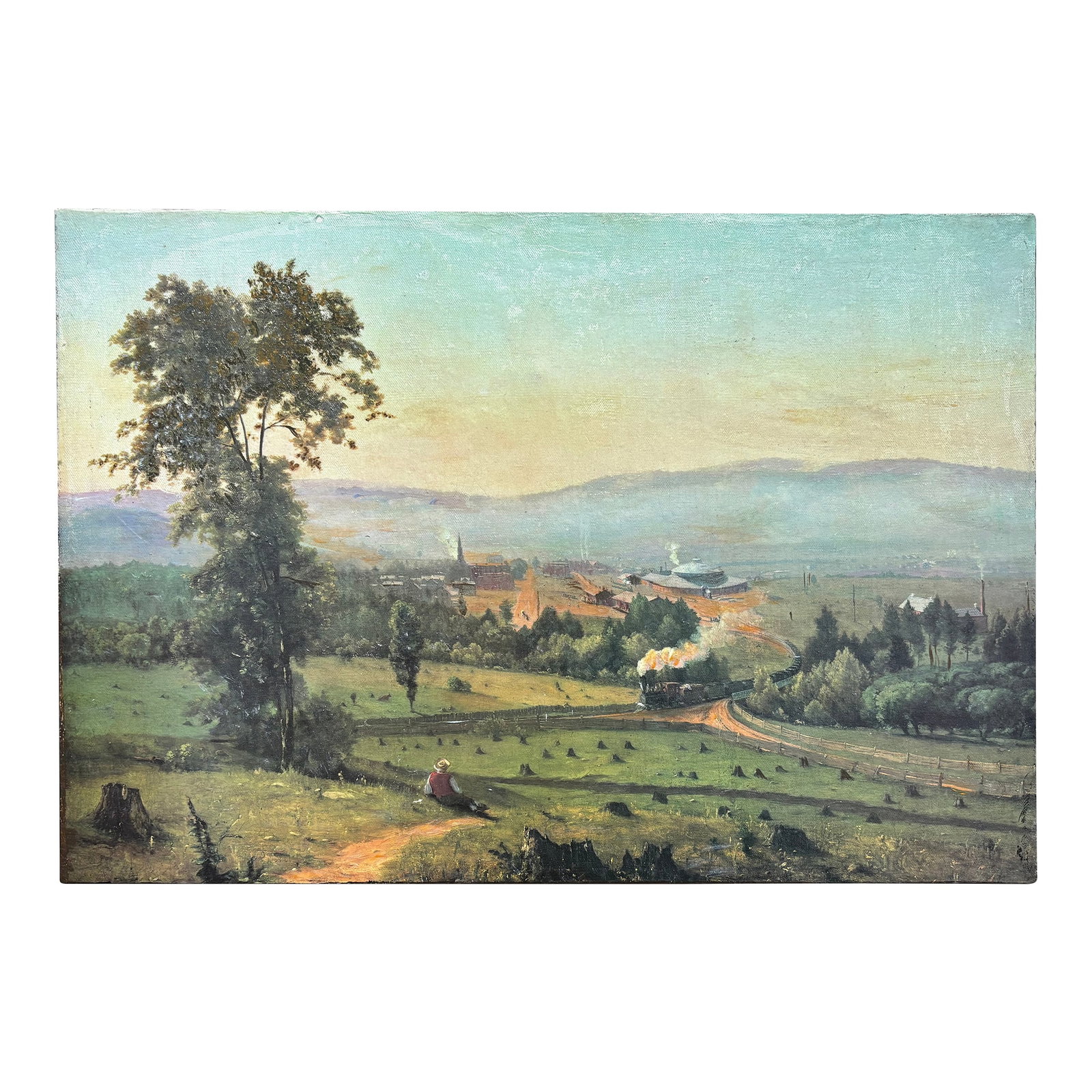 Mid/Late 19th C. Original Oil on Canvas - European / British Landscape Scene: View from the Hill Very well executed and preserved original oil on canvas landscape of a European, English or American village. Centerpiece is a single observer in a hat watching a steam train power 