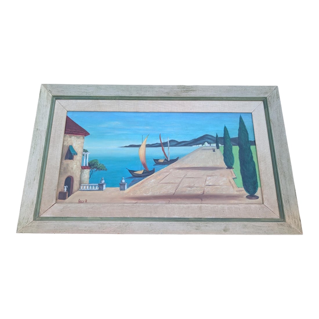 Essy R, Mediterranean Coastal Seascape Oil on Canvas Painting: Wonderful painting signed "Essy R". Wood rustic frame. Condition: Alterations: Original Condition Unaltered Imperfections: Some Imperfections Condition Notes: Excellent period condition Origin: United