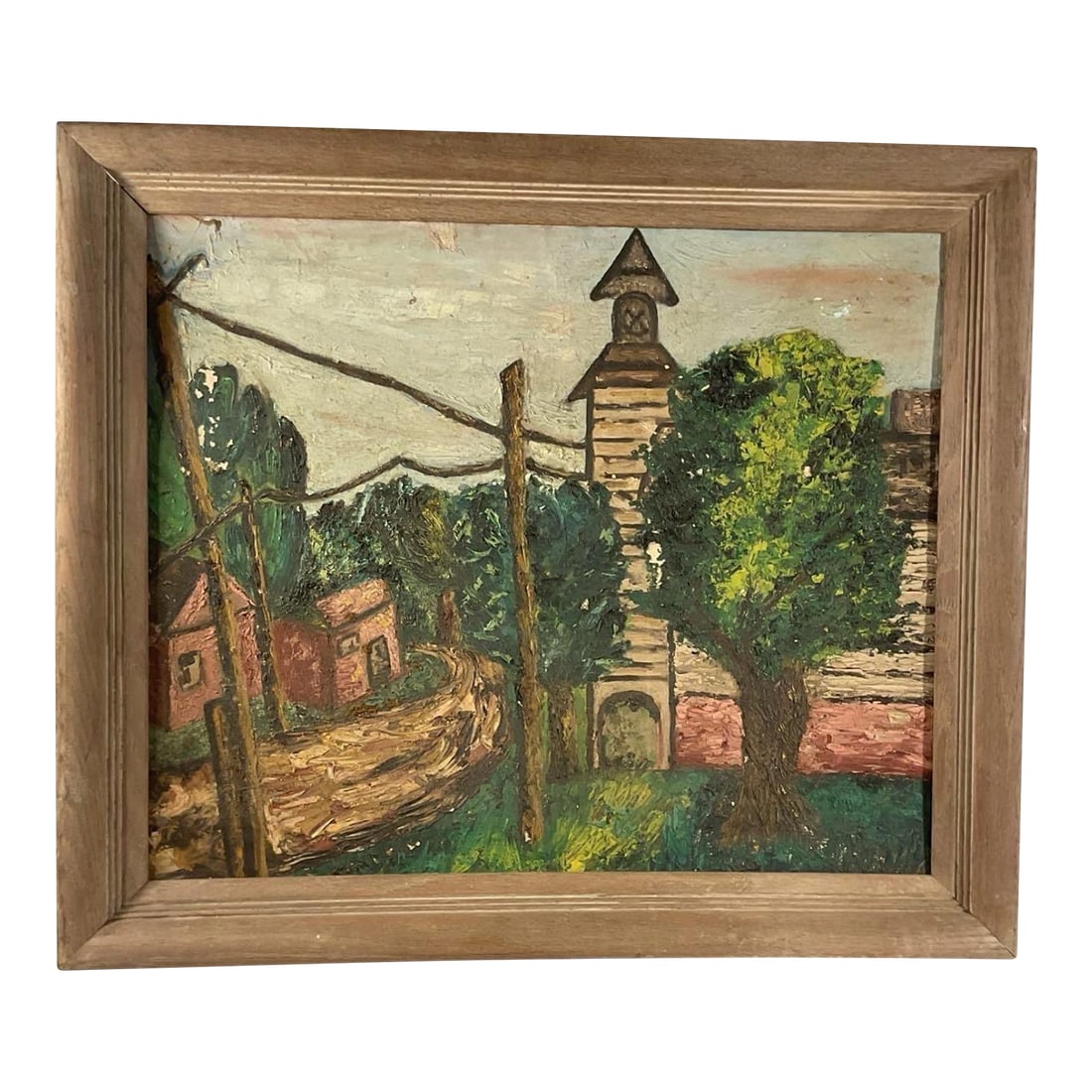 Mid-Century 1954 Expressionist Village Scene Painting by Ethel G. Baum - Vintage Wood Frame, Grumbac: A captivating 1954 mid-century American expressionist village scene by artist Ethel G. Baum. Executed with thick, impasto-style brushwork, the oil on canvas panel composition depicts a winding country