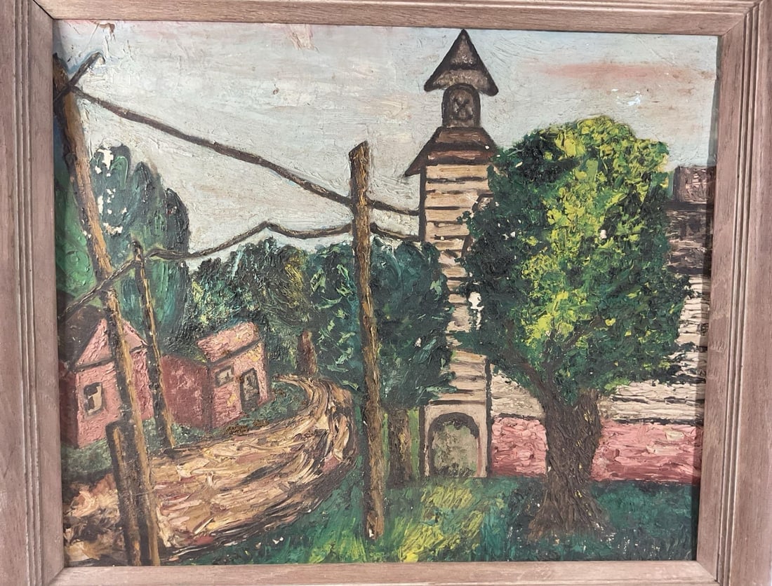 Mid-Century 1954 Expressionist Village Scene Painting by Ethel G. Baum - Vintage Wood Frame, Grumbac - 2