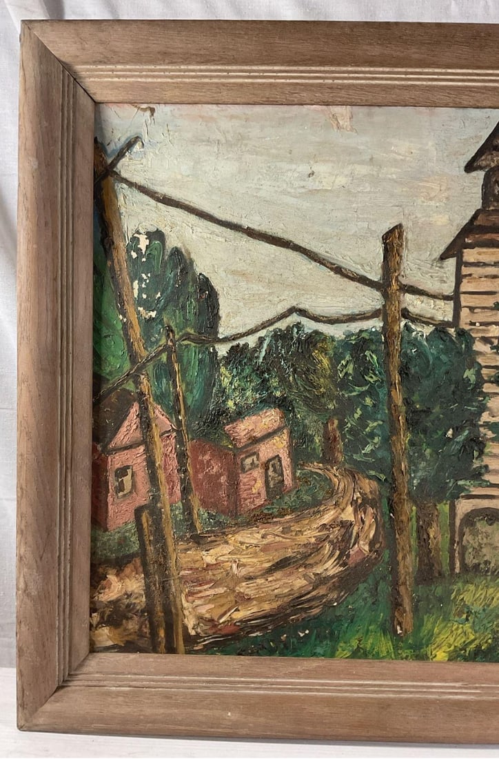 Mid-Century 1954 Expressionist Village Scene Painting by Ethel G. Baum - Vintage Wood Frame, Grumbac - 4