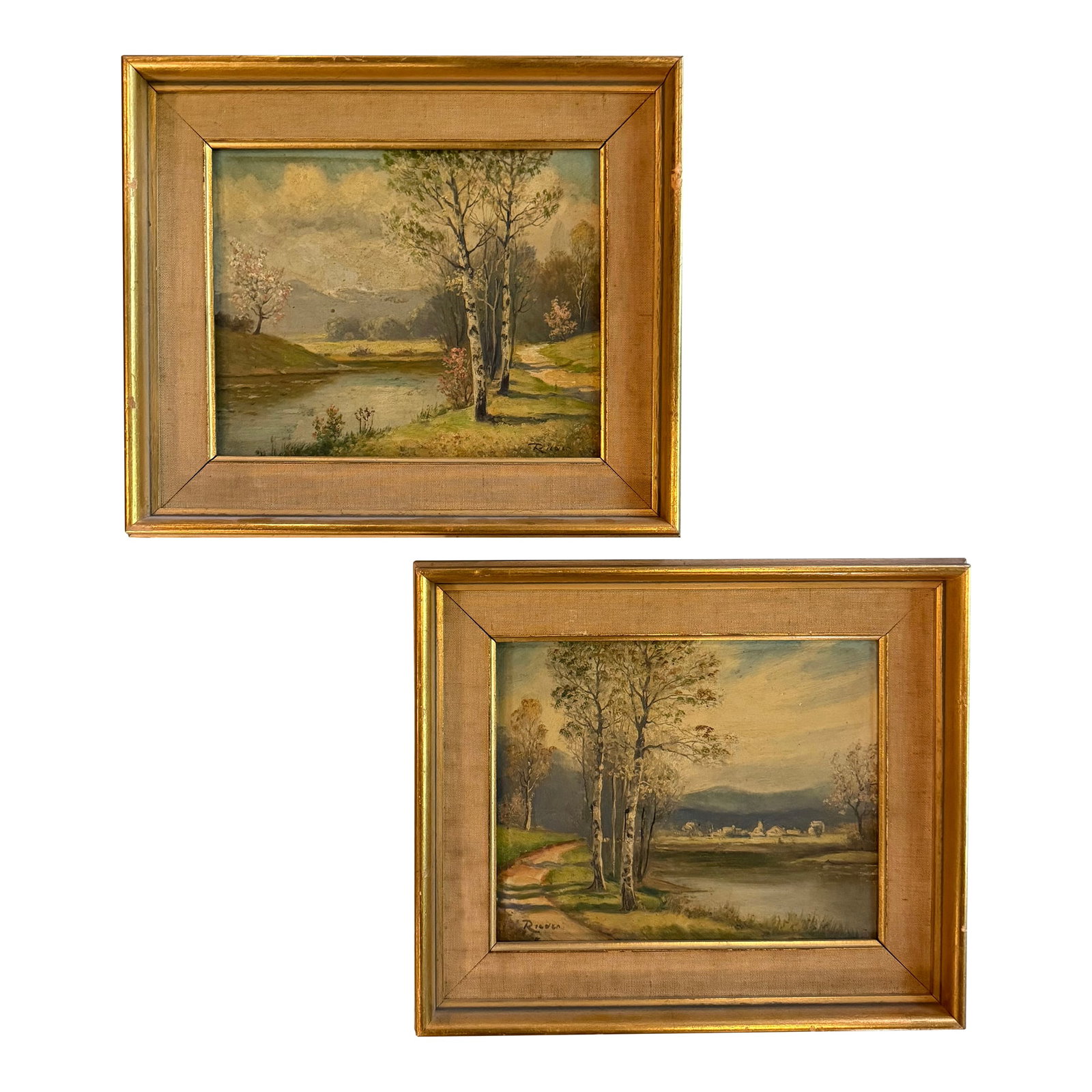 Pair of Petite Mid-Century Birch Trees & River Landscape Paintings (1 of 10)