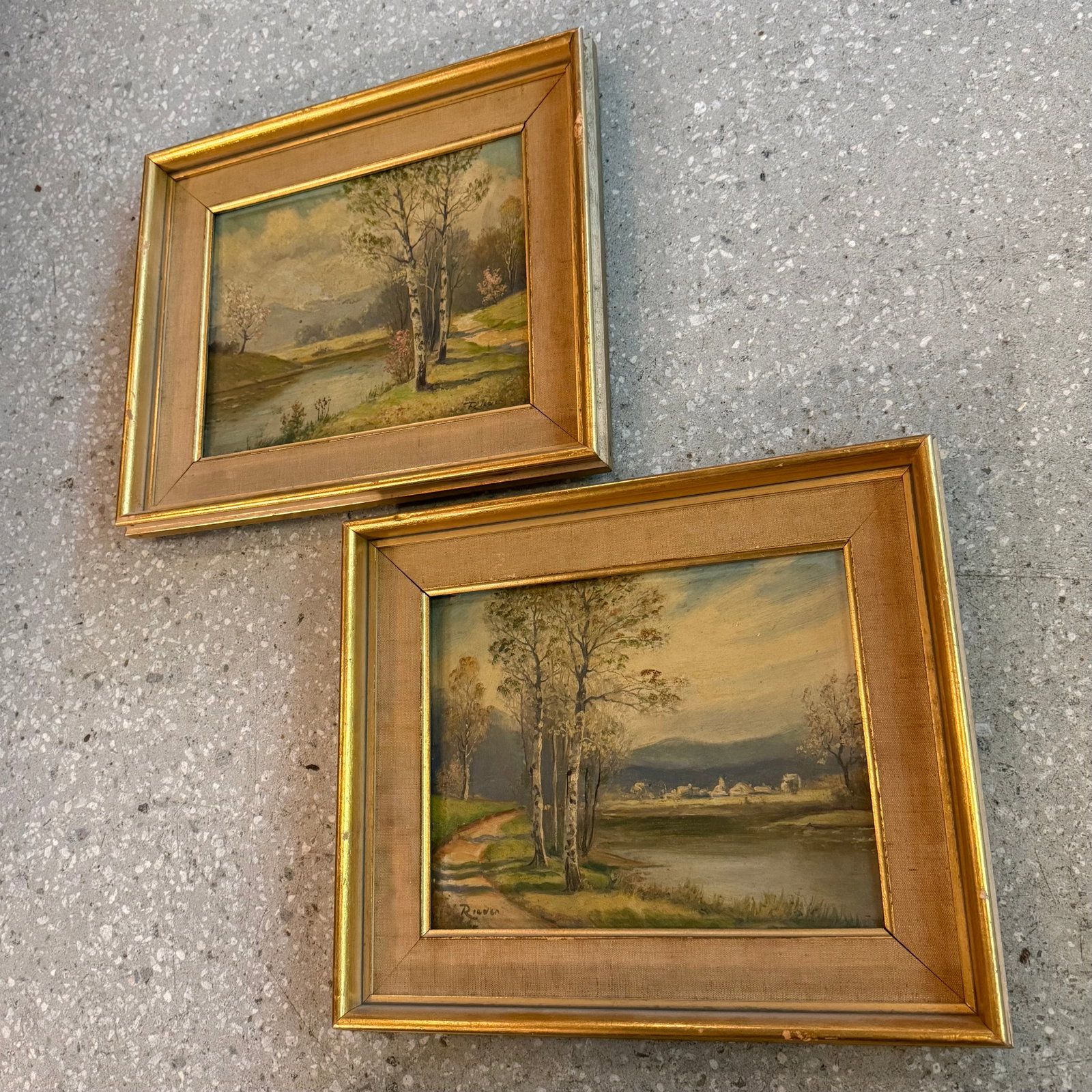 Pair of Petite Mid-Century Birch Trees & River Landscape Paintings - 2