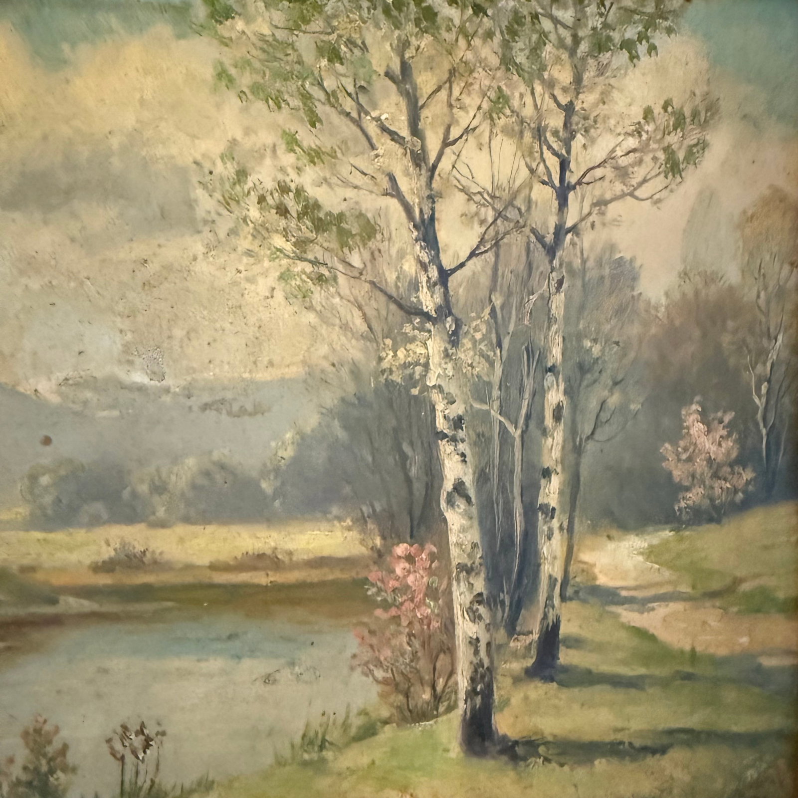 Pair of Petite Mid-Century Birch Trees & River Landscape Paintings - 4