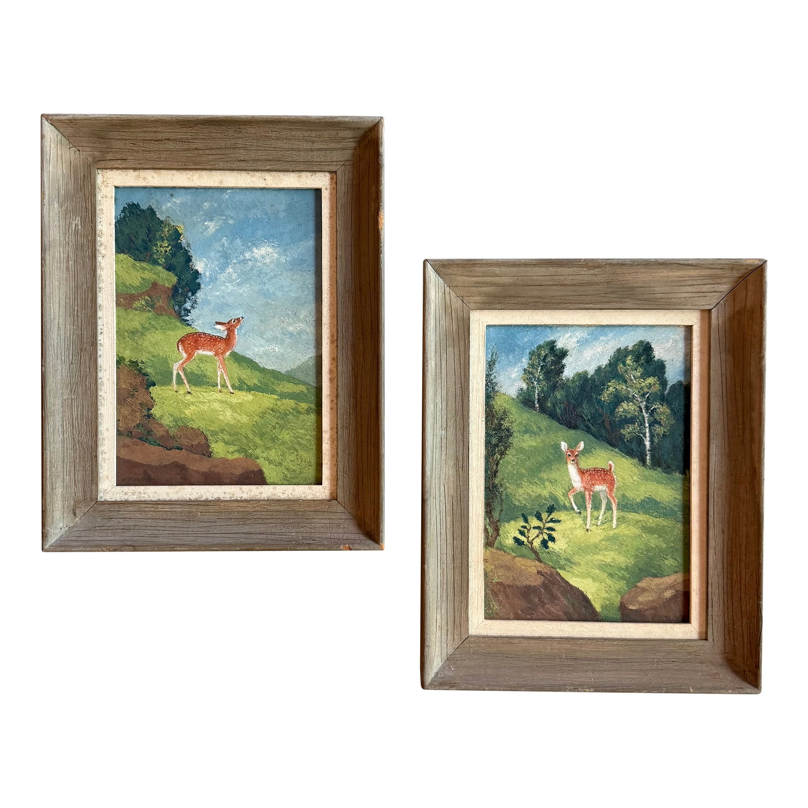 Late 20th Century Pair of Petite Framed Folk Art Landscape Deer Paintings: Pair of sweet and petite folk art acrylic paintings depicting natural landscapes centering on deer and fawn. The paintings are in a natural impressionist style in muted tones. The pair is nicely matte