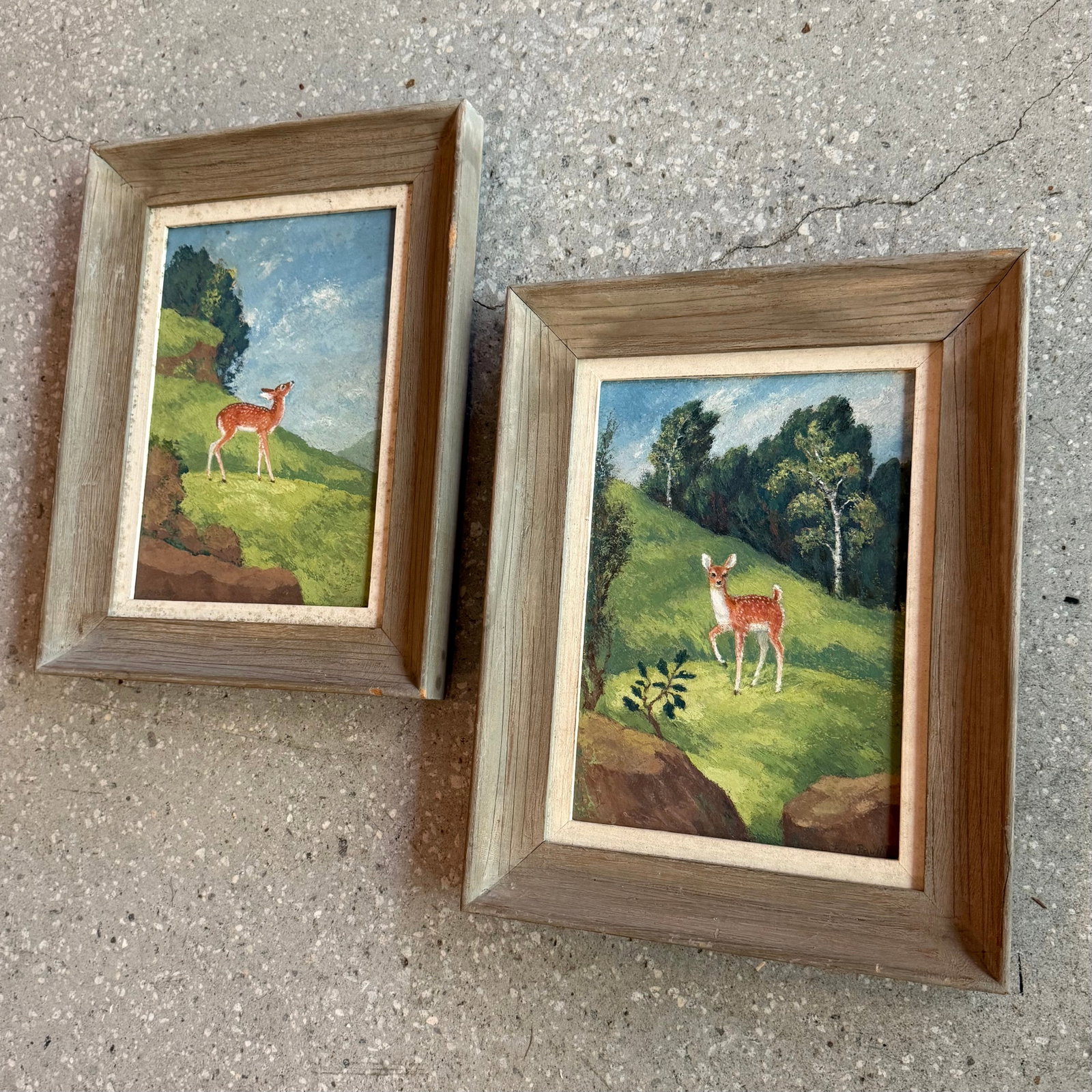 Late 20th Century Pair of Petite Framed Folk Art Landscape Deer Paintings - 2