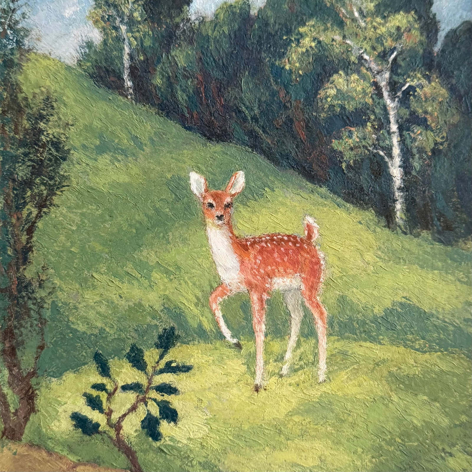 Late 20th Century Pair of Petite Framed Folk Art Landscape Deer Paintings - 3