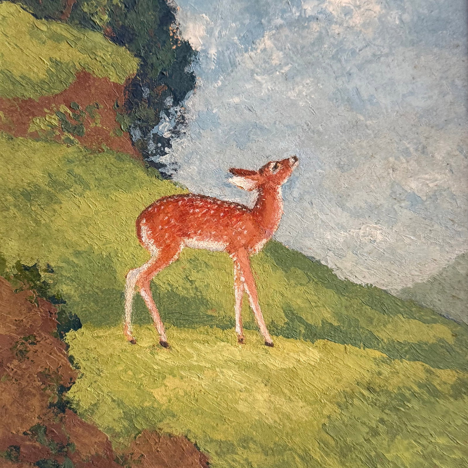 Late 20th Century Pair of Petite Framed Folk Art Landscape Deer Paintings - 4