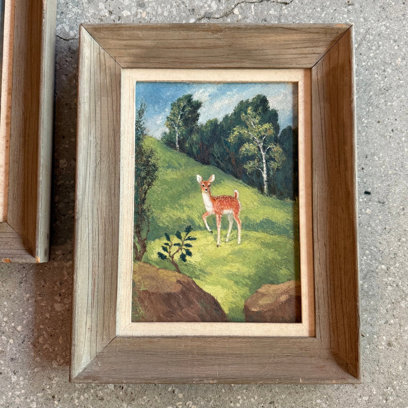 Late 20th Century Pair of Petite Framed Folk Art Landscape Deer Paintings - 5