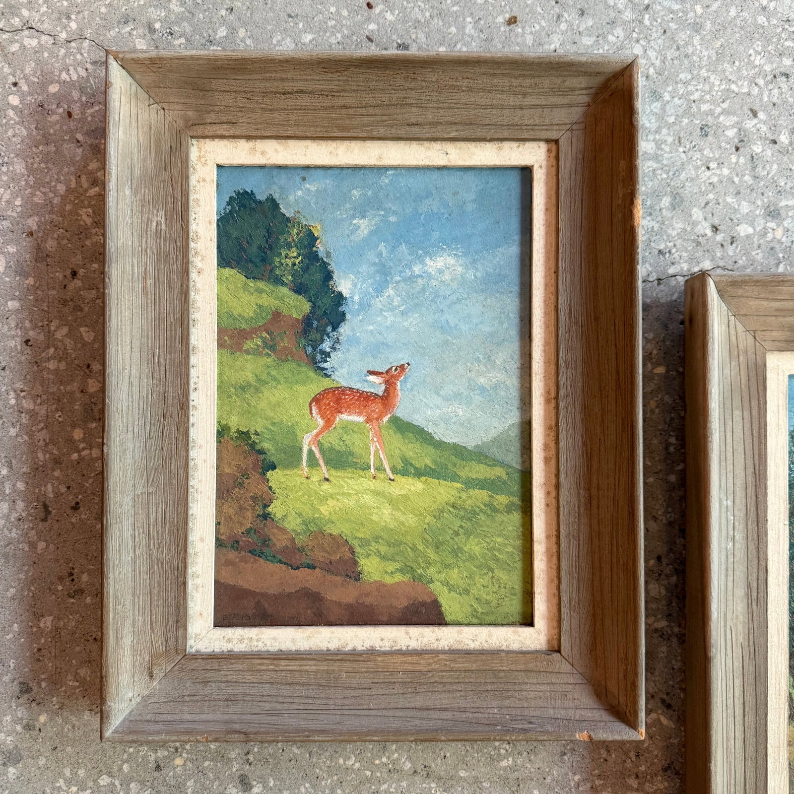 Late 20th Century Pair of Petite Framed Folk Art Landscape Deer Paintings - 6