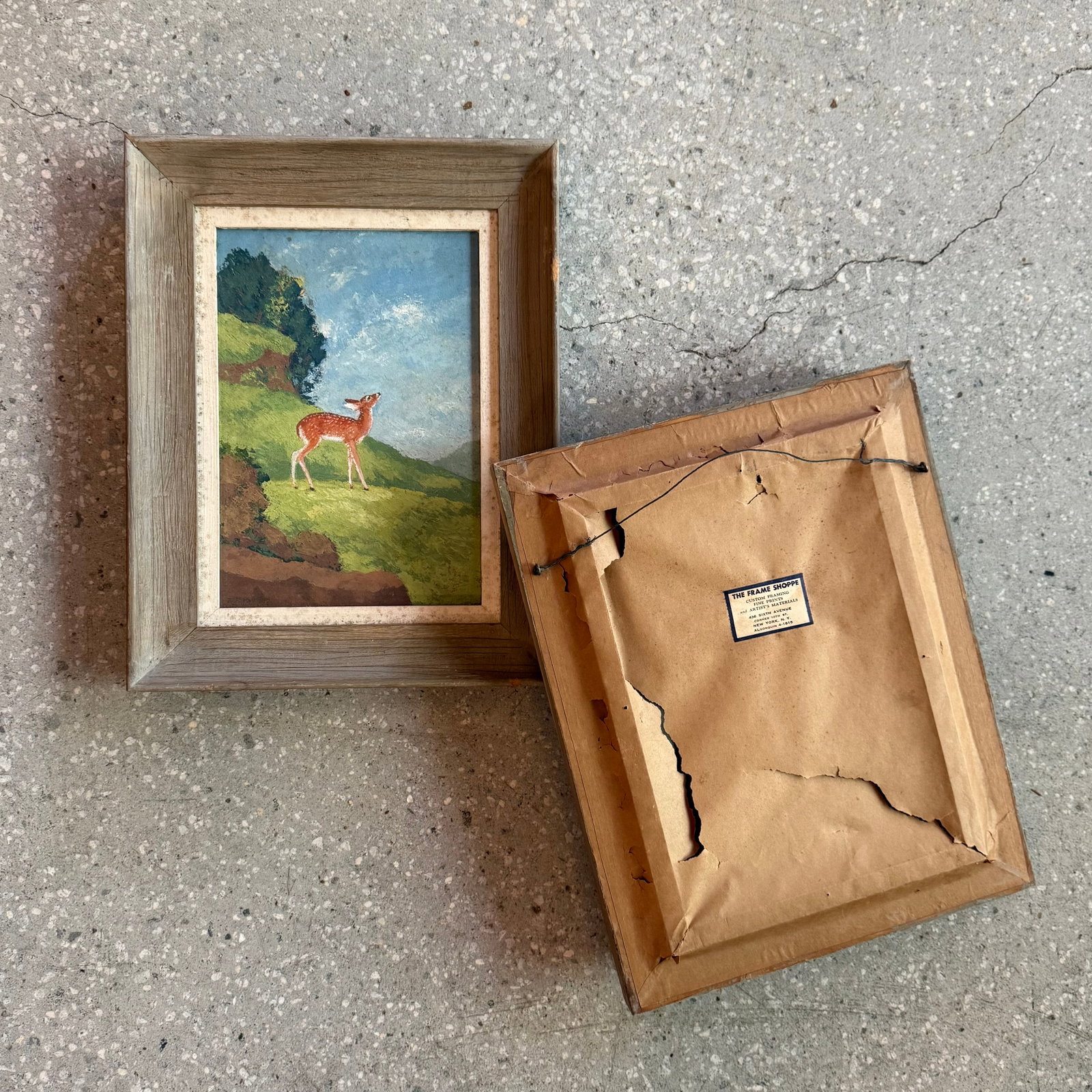 Late 20th Century Pair of Petite Framed Folk Art Landscape Deer Paintings - 9
