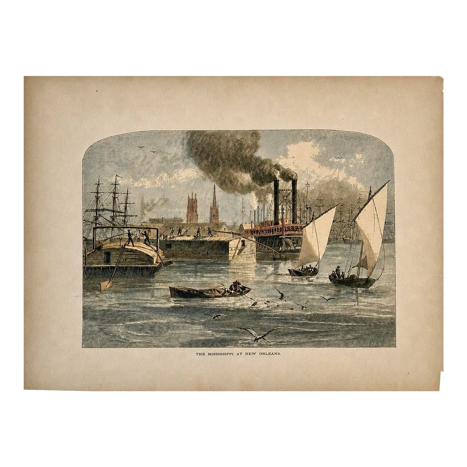 Mississippi River at New Orleans Original Wood Engraving From Picturesque America, 1872: Original hand colored wood engraving from the celebrated Picturesque America series in 1872. The scene captures one of America's most important port cities at the height of its commercial prominence.